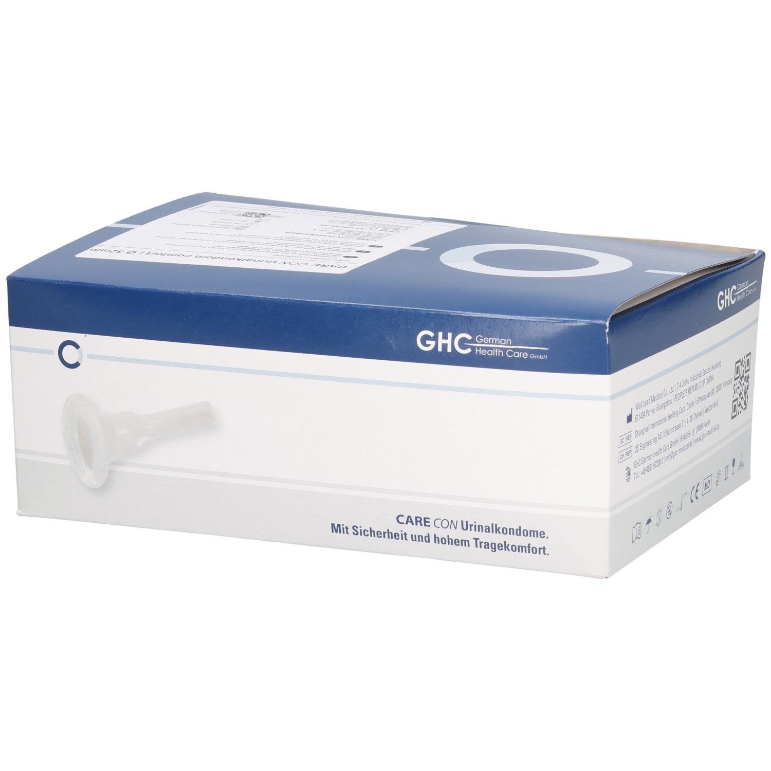 Emballage GHC CARE CON. Carton blanc et bleu avec image du produit et texte. Fenêtre transparente.