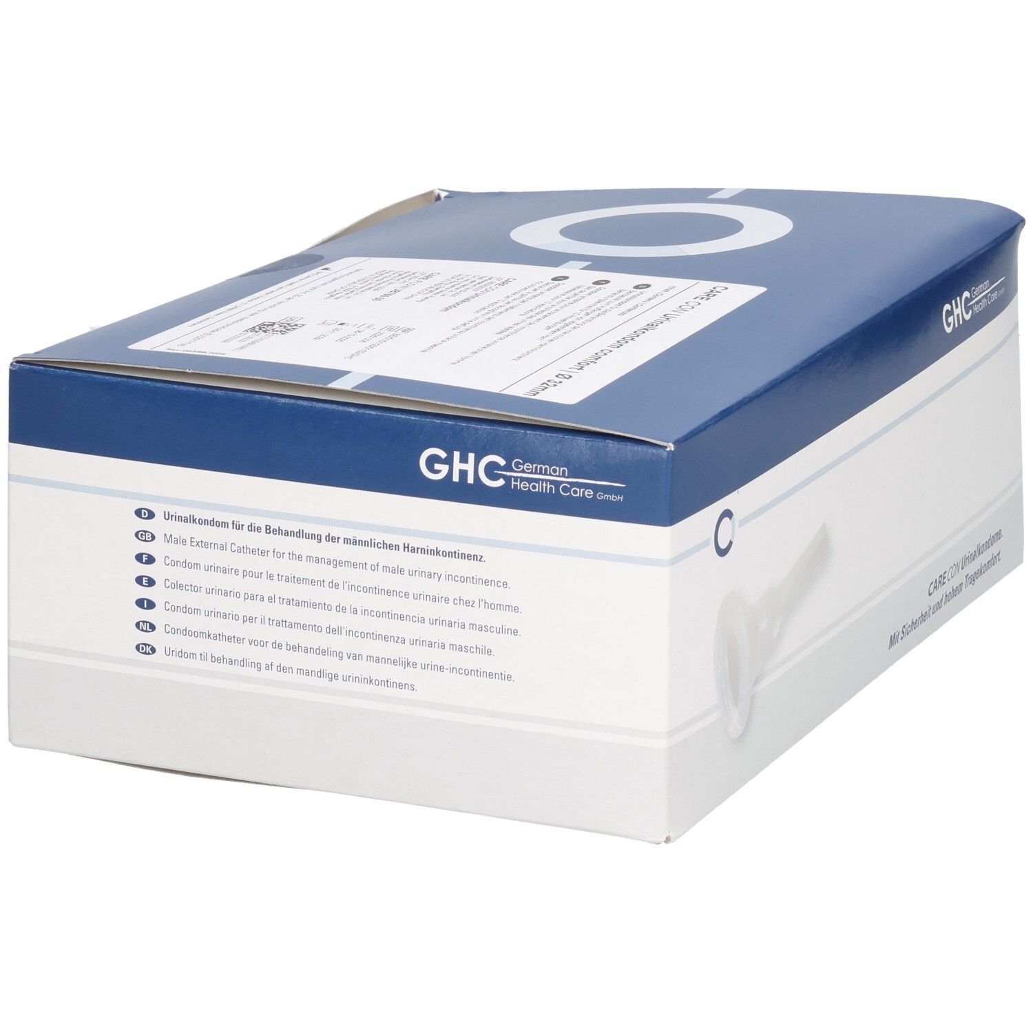 Emballage GHC CARE CON. Carton blanc et bleu avec image du produit et texte. Texte multilingue.