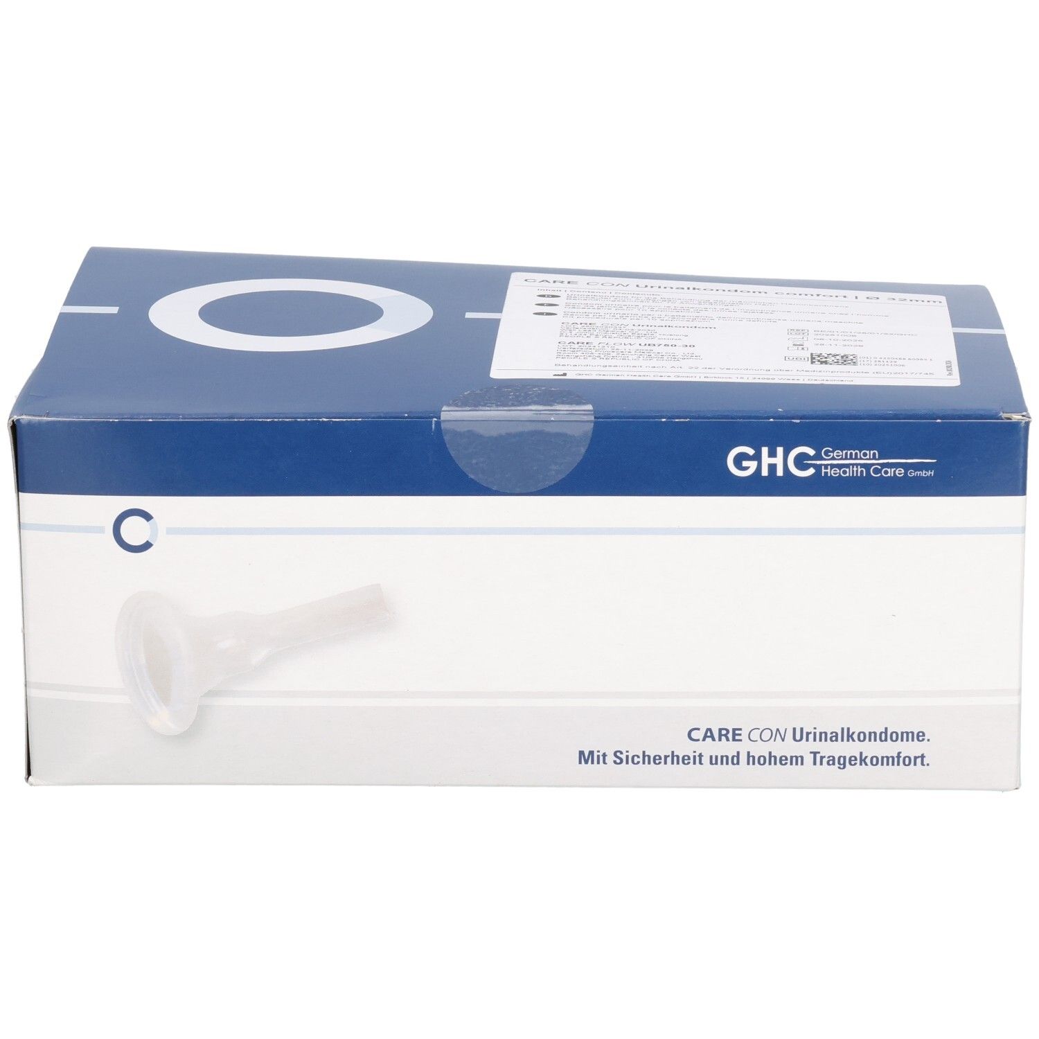 Emballage GHC CARE CON. Carton blanc et bleu avec image du produit et texte. Fenêtre transparente.