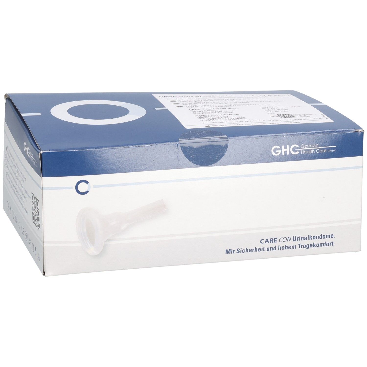 Emballage GHC CARE CON. Carton blanc et bleu avec image du produit et texte. Fenêtre transparente.