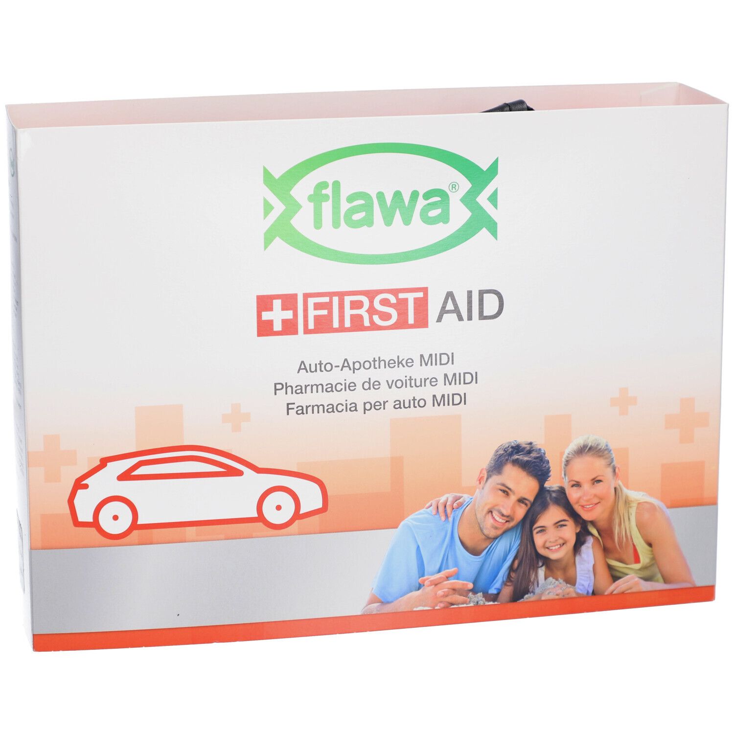 Verpackung der Auto-Apotheke MIDI von flawa. Weißer Karton mit Logo, Schriftzug und Familienfoto. Rotes Kreuz-Symbol.