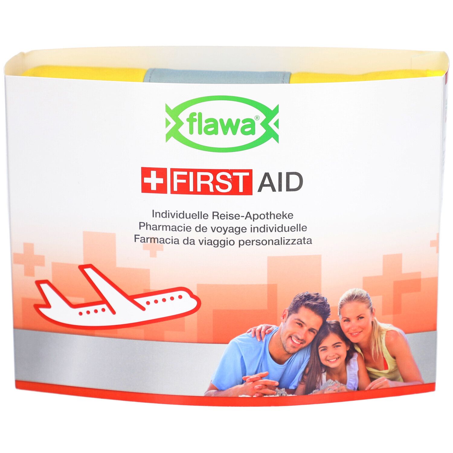 Emballage de la trousse de voyage FLAWA. Blanc, jaune et vert. Impression avec logo, texte "FIRST AID" et famille.