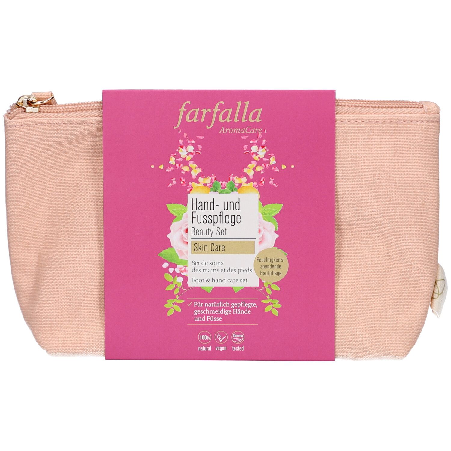 Trousse de toilette rose avec emballage rose. Inscription : Farfalla, Set de beauté pour les mains et les pieds.
