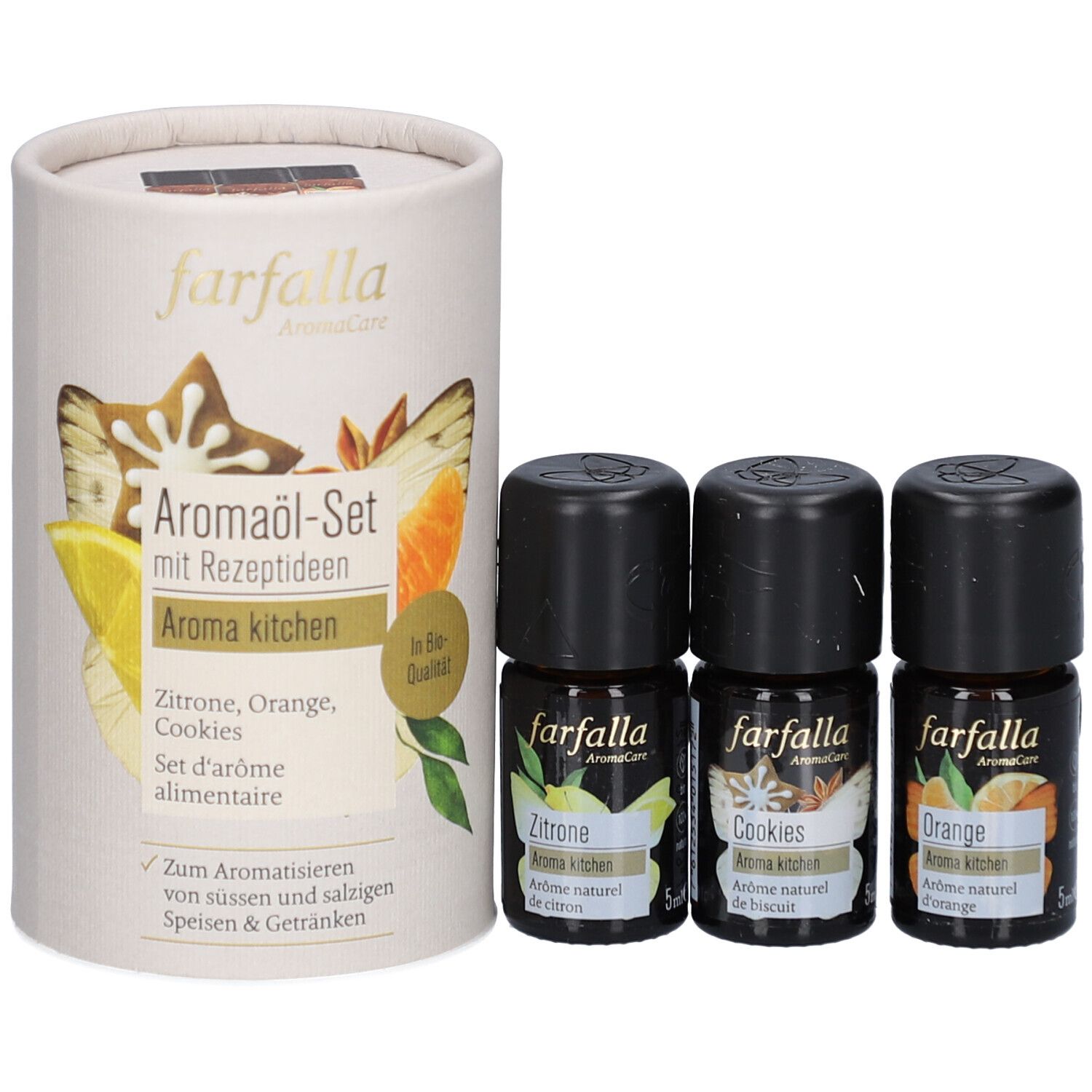 Aromaöl-Set mit Rezeptideen. Enthält drei kleine Flaschen und eine runde Pappverpackung. Aufschrift: farfalla AromaCare.