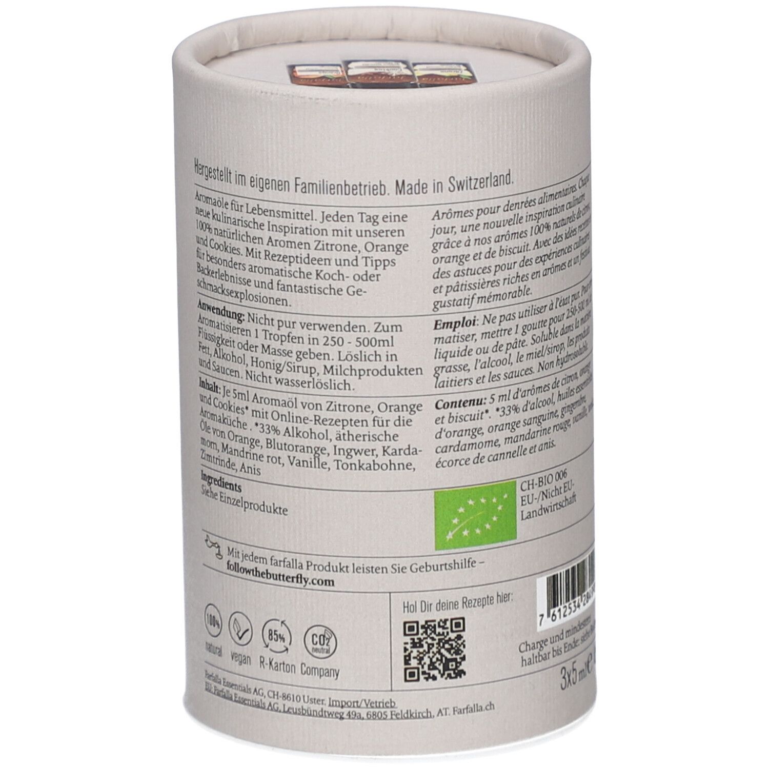 Runde Pappverpackung, Rückseite. Text und Logos. Aufschrift: farfalla, Bio-Siegel, 3x5ml. Barcode.