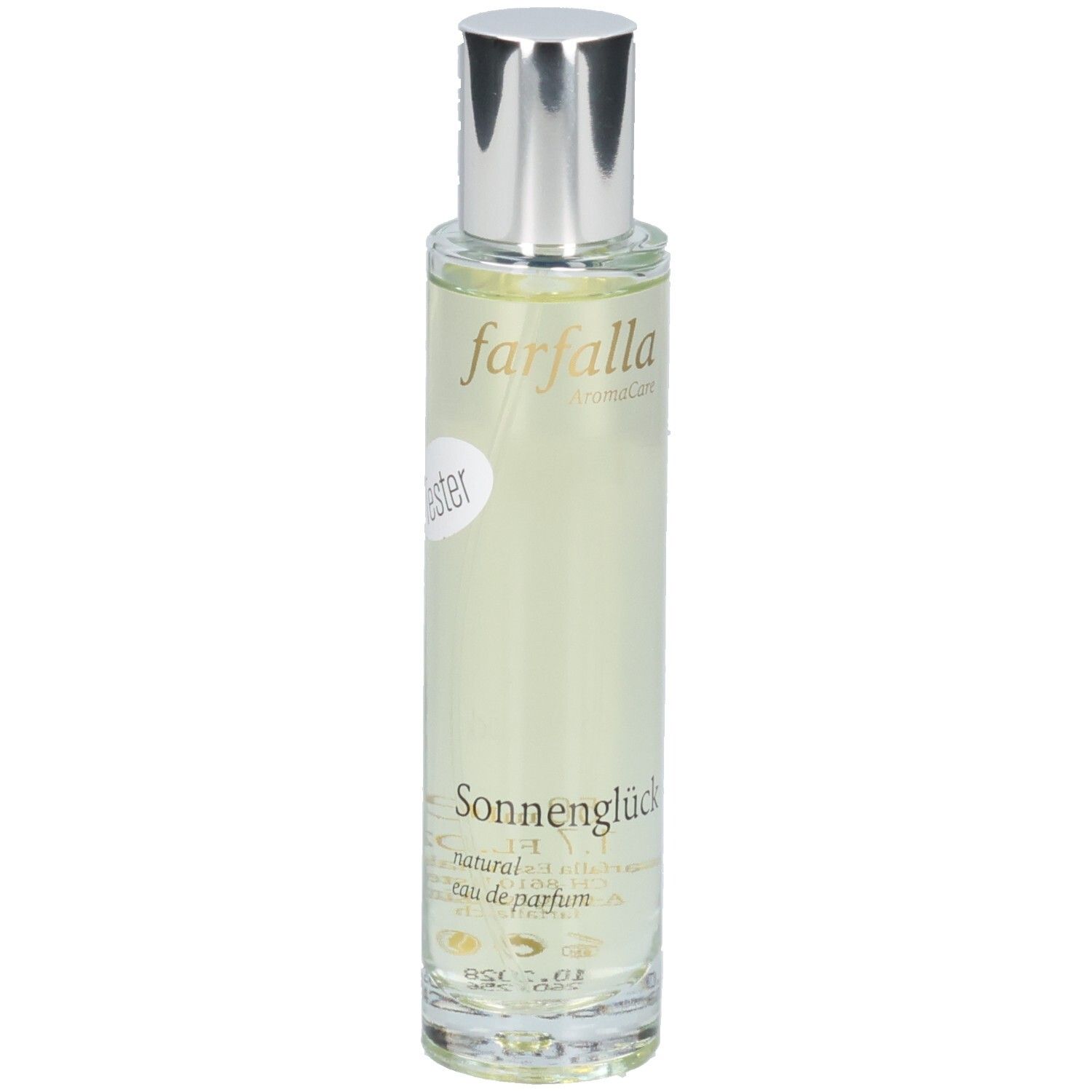 FARFALLA Eau de Parfum Sonnenglück Tester in Glasflasche mit silbernem Verschluss.