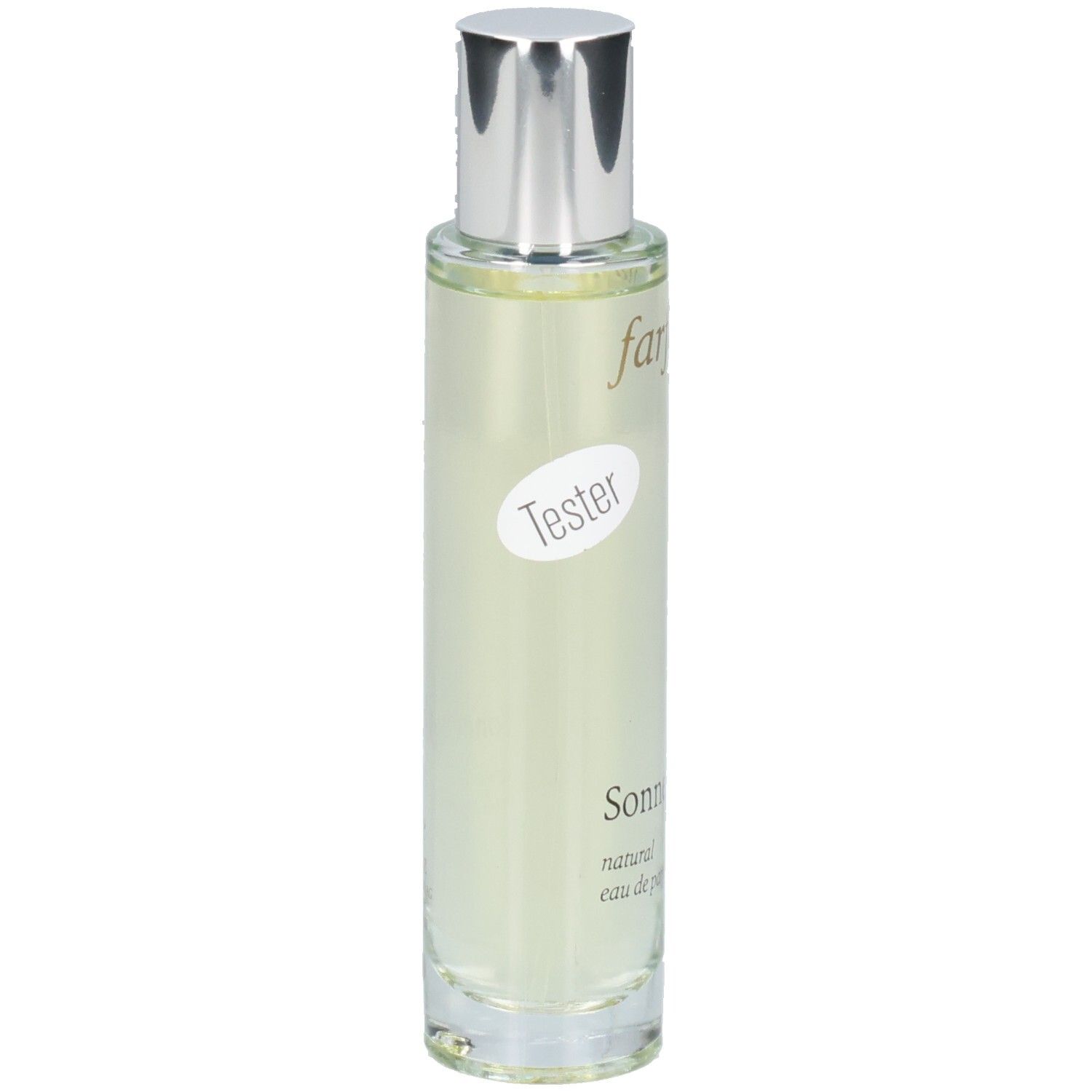 FARFALLA Eau de Parfum Sonnenglück Tester in Glasflasche mit silbernem Verschluss.