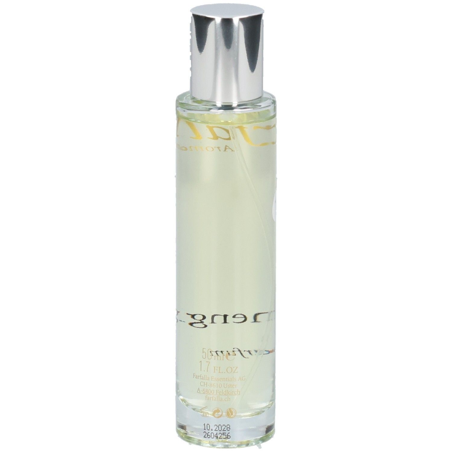 Rückseite der FARFALLA Eau de Parfum Sonnenglück Tester Glasflasche mit silbernem Verschluss.