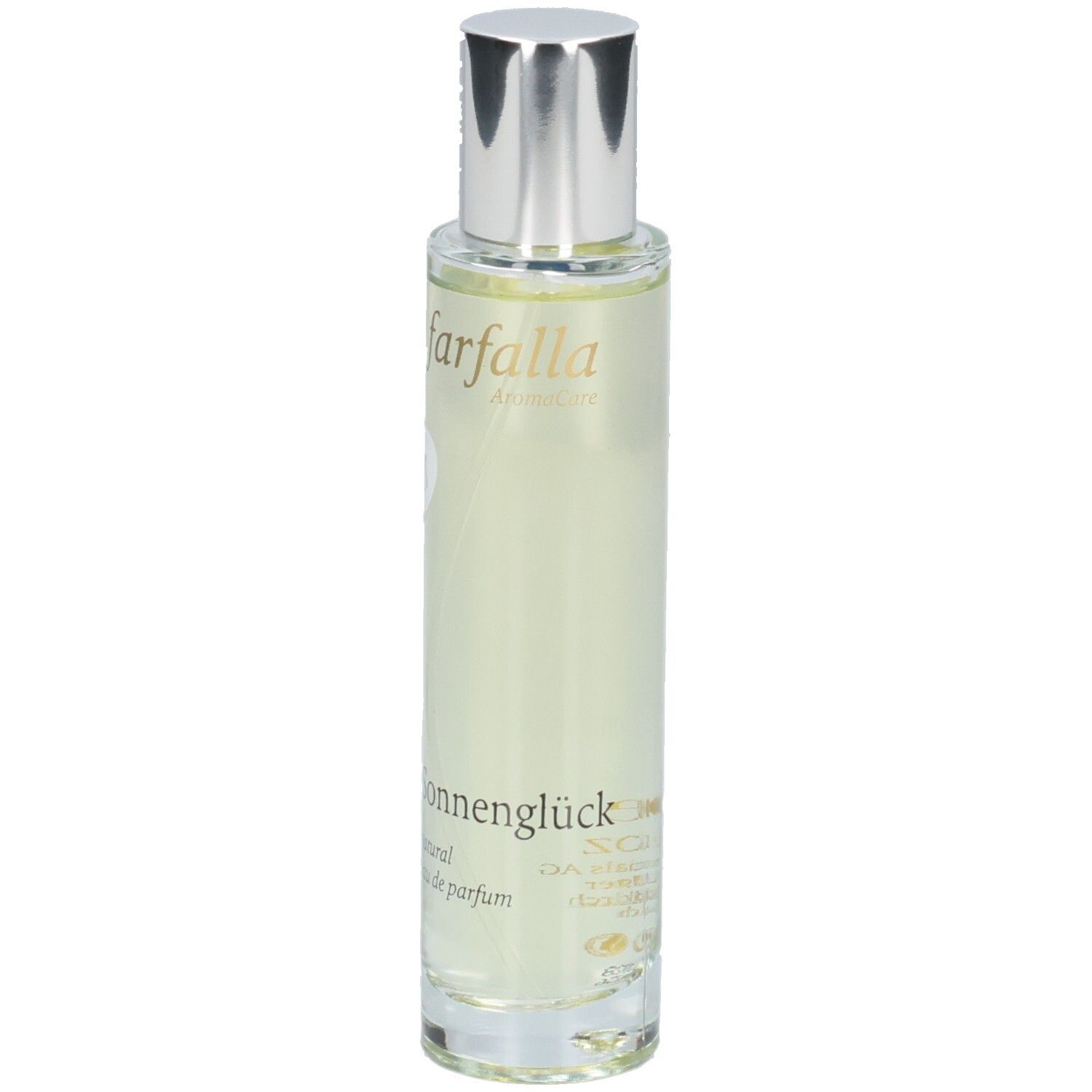 FARFALLA Eau de Parfum Sonnenglück Tester in Glasflasche mit silbernem Verschluss.