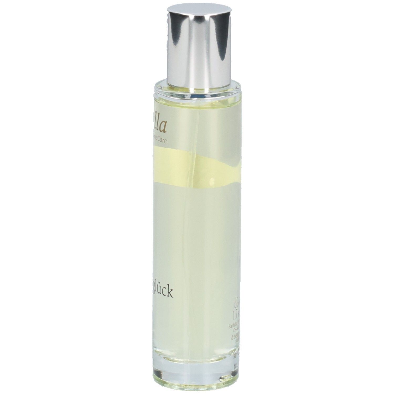 FARFALLA Eau de Parfum Sonnenglück Tester in Glasflasche mit silbernem Verschluss.