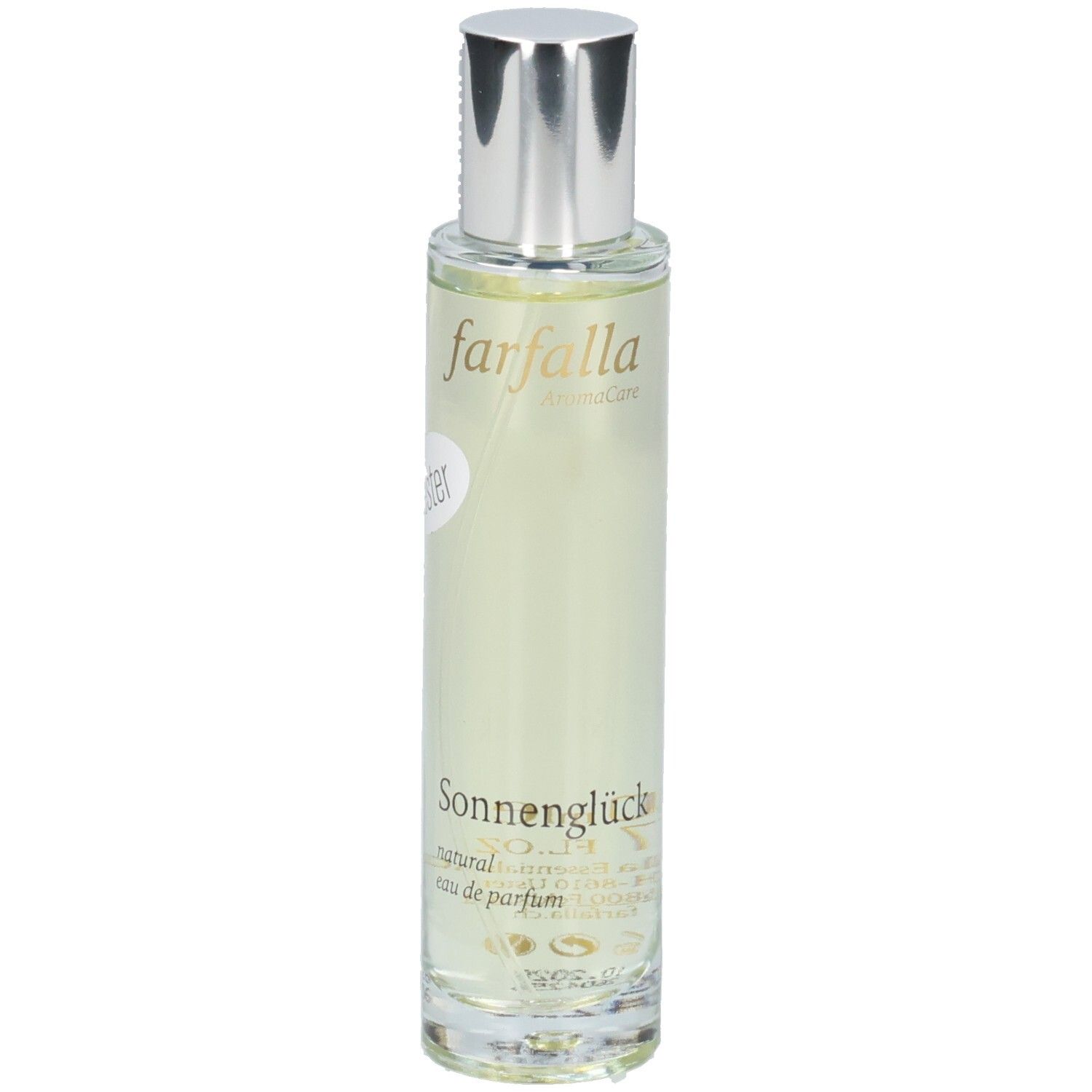 FARFALLA Eau de Parfum Sonnenglück Tester in Glasflasche mit silbernem Verschluss.