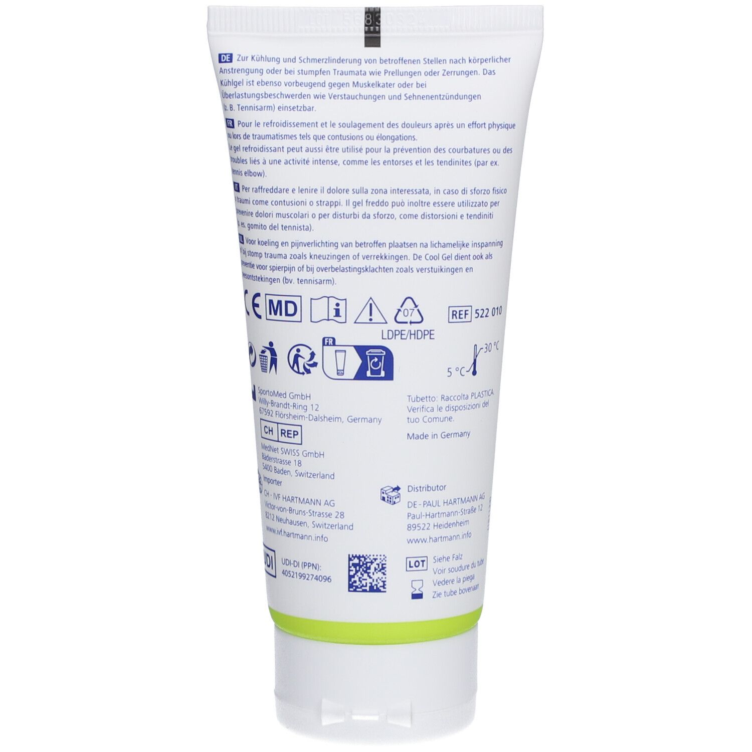 Rückseite der Tube DermaPlast Active Cool Gel. Text und Symbole. MD-Kennzeichnung. Herstellerinformationen. Made in Germany.