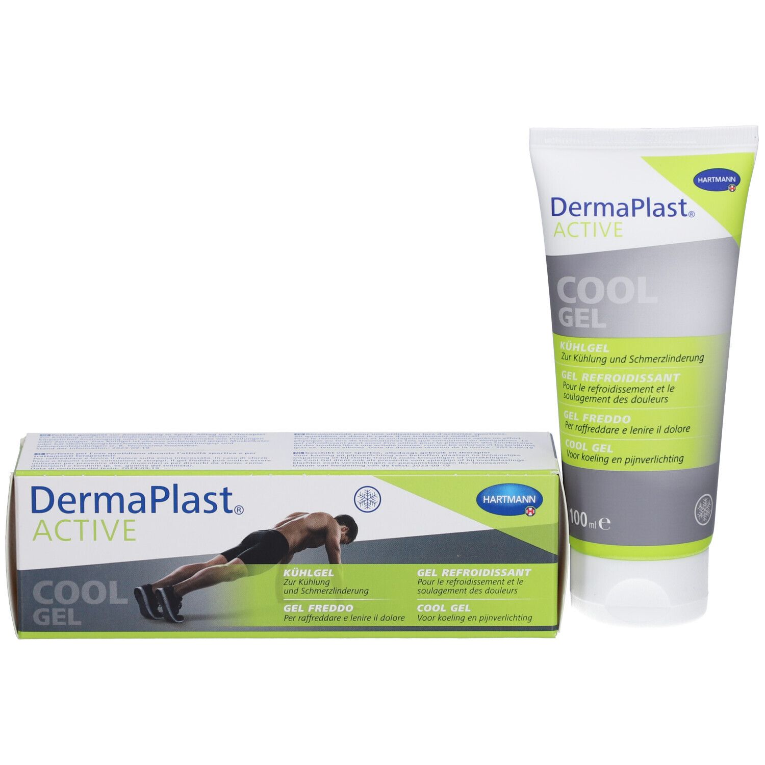 DermaPlast Active Cool Gel Tube und Schachtel. Schachtel mit Sportler. Text: Kühlgel, Gel Refroidissant, Gel Freddo, Cool Gel. Hartmann Logo.