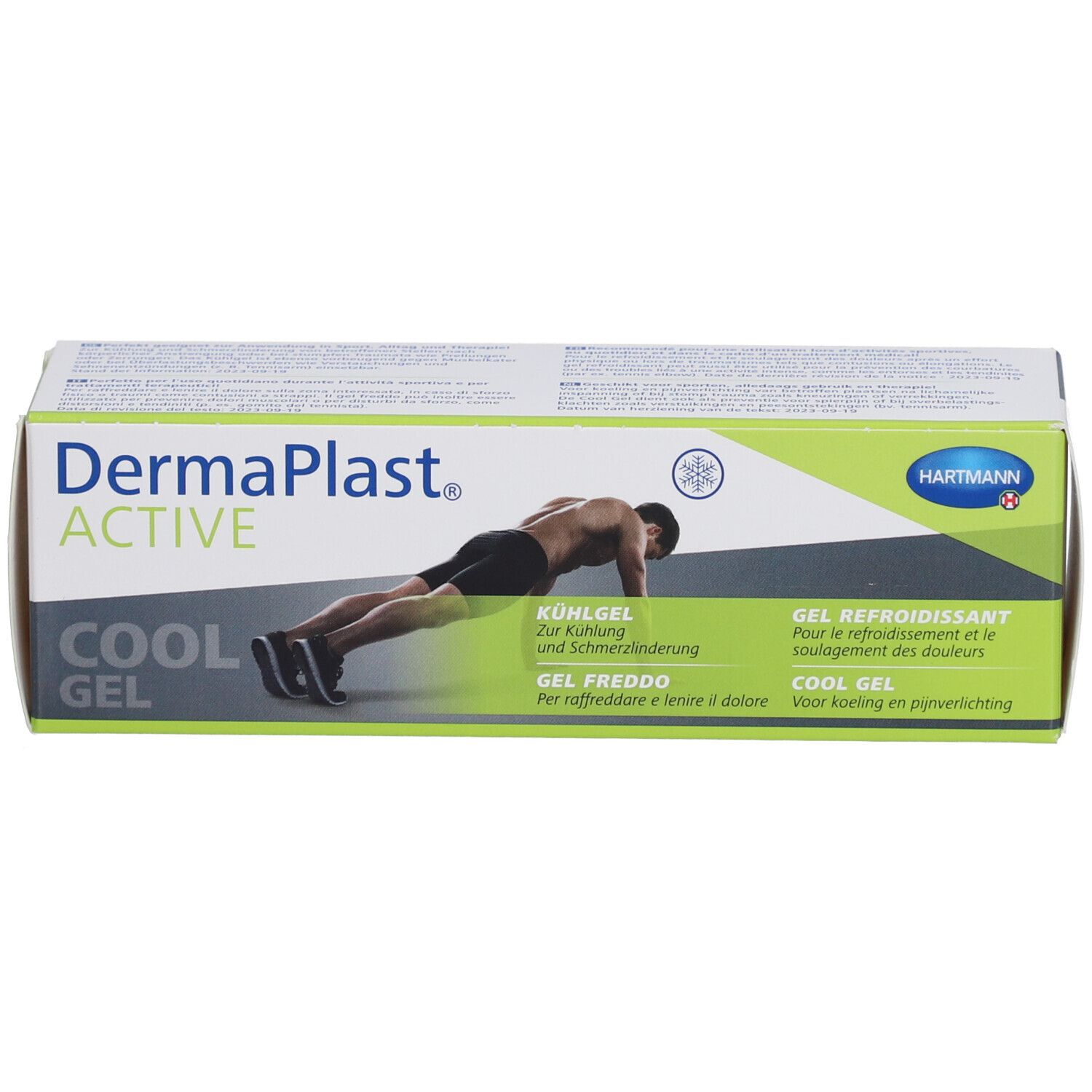 Schachtel DermaPlast Active Cool Gel. Sportler-Abbildung. Text: Kühlgel, Gel Refroidissant, Gel Freddo, Cool Gel. Hartmann Logo.