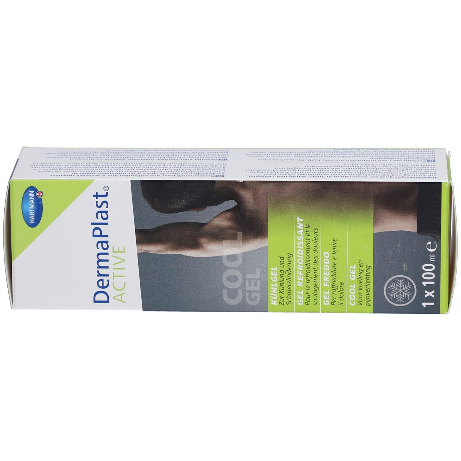 Schachtel DermaPlast Active Cool Gel. Text: Kühlgel, Gel Refroidissant, Gel Freddo, Cool Gel. Hartmann Logo. 1 x 100 ml.