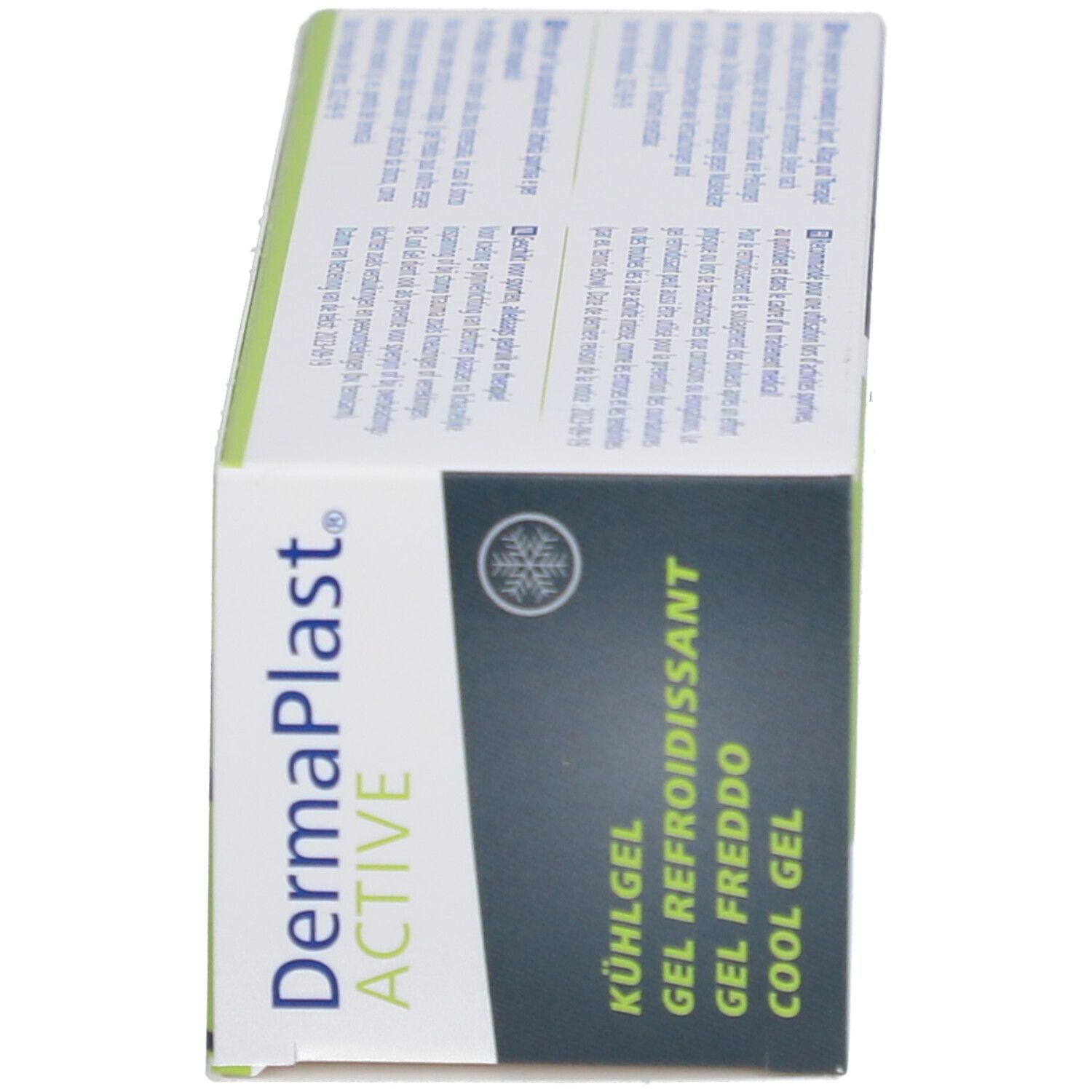 Schachtel-Seite DermaPlast Active Cool Gel. Text: Kühlgel, Gel Refroidissant, Gel Freddo, Cool Gel. Logo.