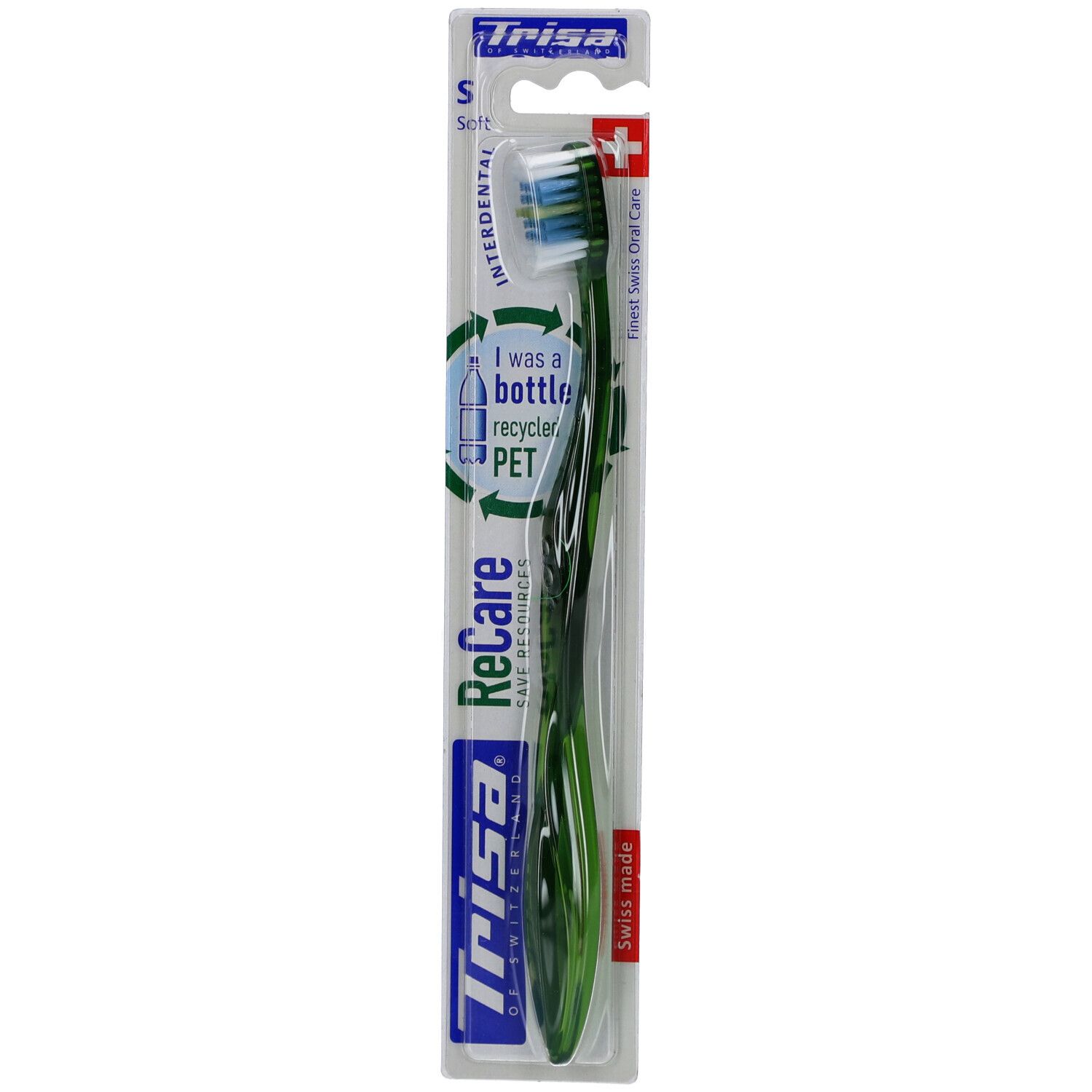 Grüne Zahnbürste mit blau-grünen Borsten, in Blisterverpackung. Marke TRISA, Modell ReCare Soft. Interdental-Bürstenkopf.