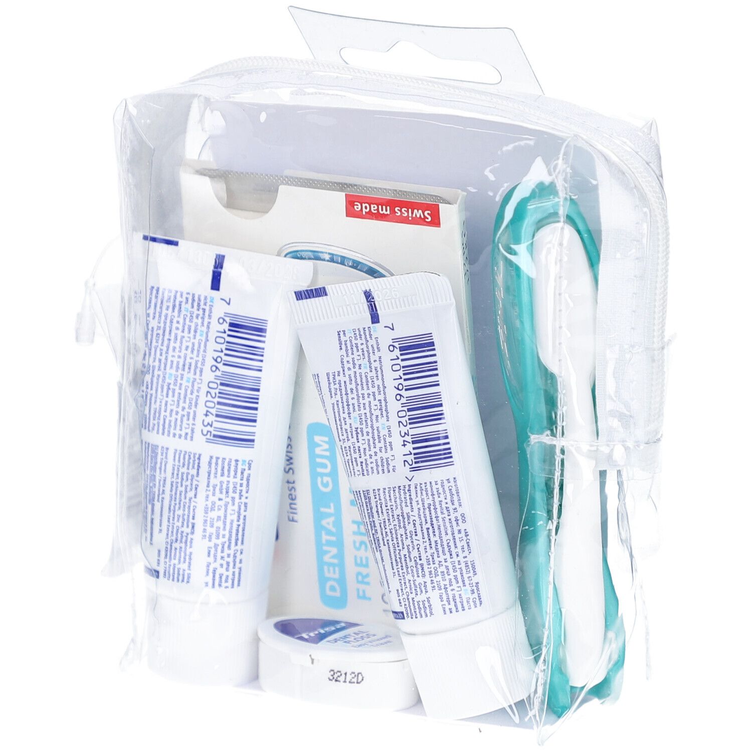 Reisetasche mit Zahnpasta, Zahnbürste, Zahnseide und Kaugummi. Verpackt in einer transparenten Tasche. Swiss made.