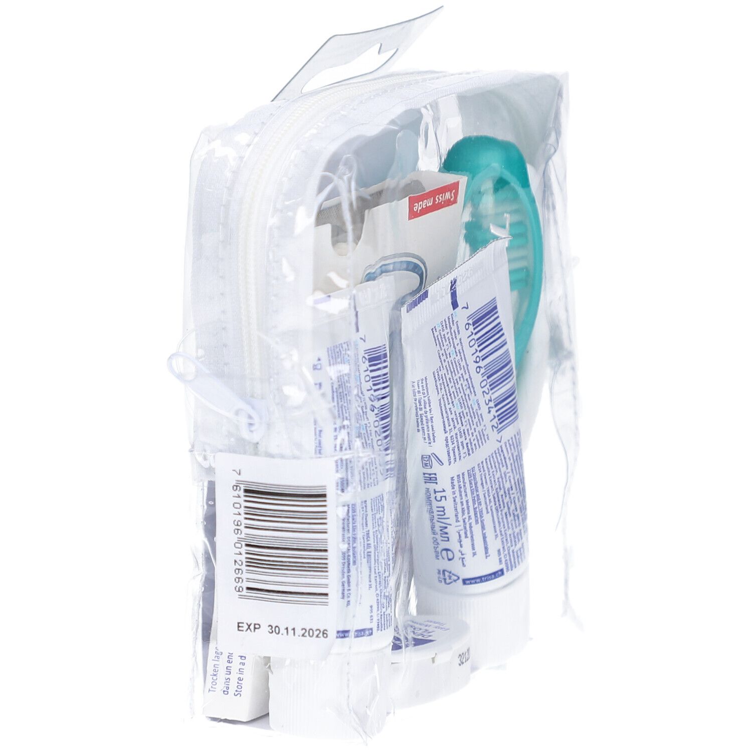 Reisetasche mit Zahnpasta, Zahnbürste, Zahnseide und Kaugummi. Verpackt in einer transparenten Tasche. Haltbarkeit bis 30.11.2026.