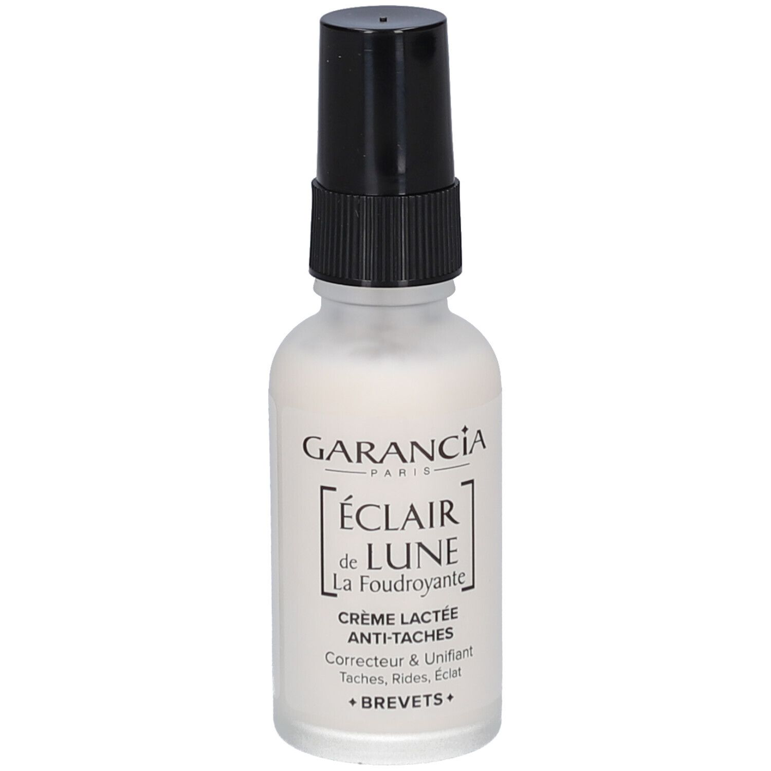 Milchcreme-Flasche mit schwarzem Sprühkopf. Aufschrift: GARANCIA, ÉCLAIR de LUNE, Crème Lactée Anti-Taches.