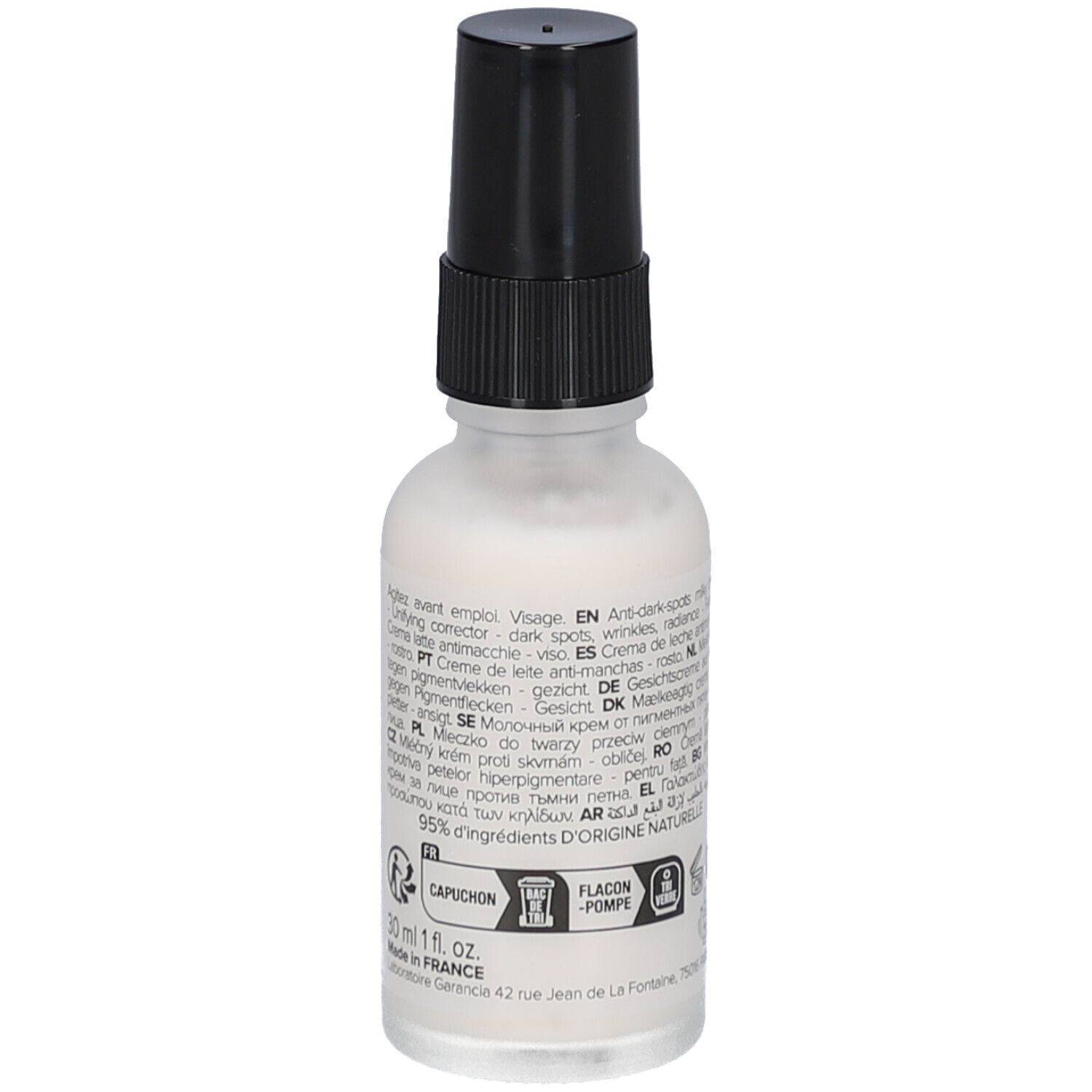 Flasche mit Milchcreme und schwarzem Sprühkopf. Rückseite mit Text und Logos.