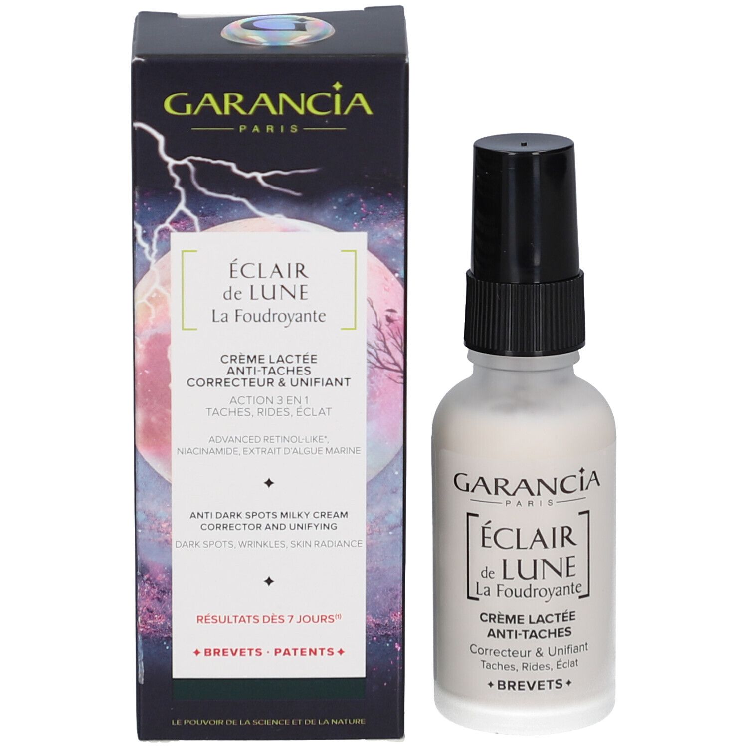 Produktflasche und Schachtel. Aufschrift: GARANCIA, ÉCLAIR de LUNE, Crème Lactée Anti-Taches. Box mit Mond-Design.