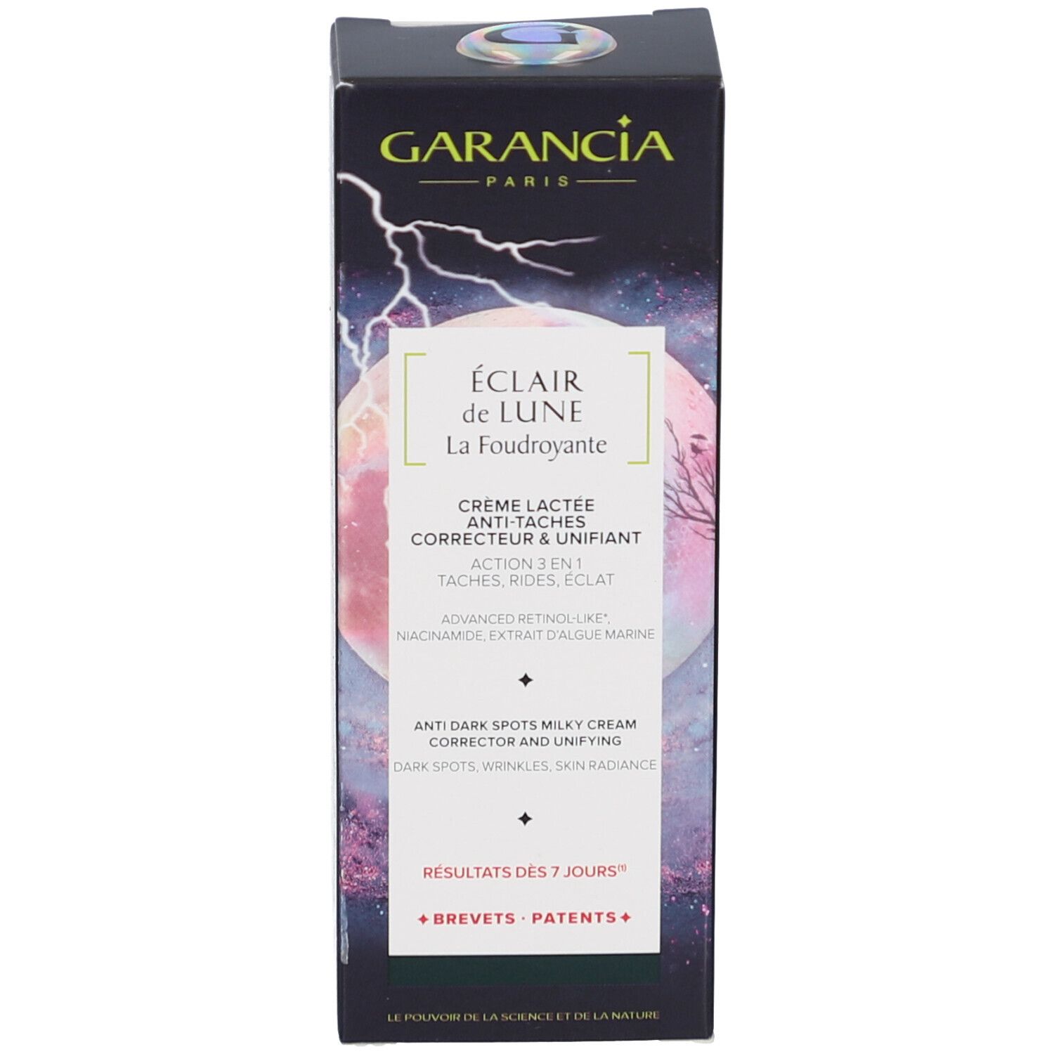 Produktverpackung. Aufschrift: GARANCIA, ÉCLAIR de LUNE, Crème Lactée Anti-Taches. Mond-Design.