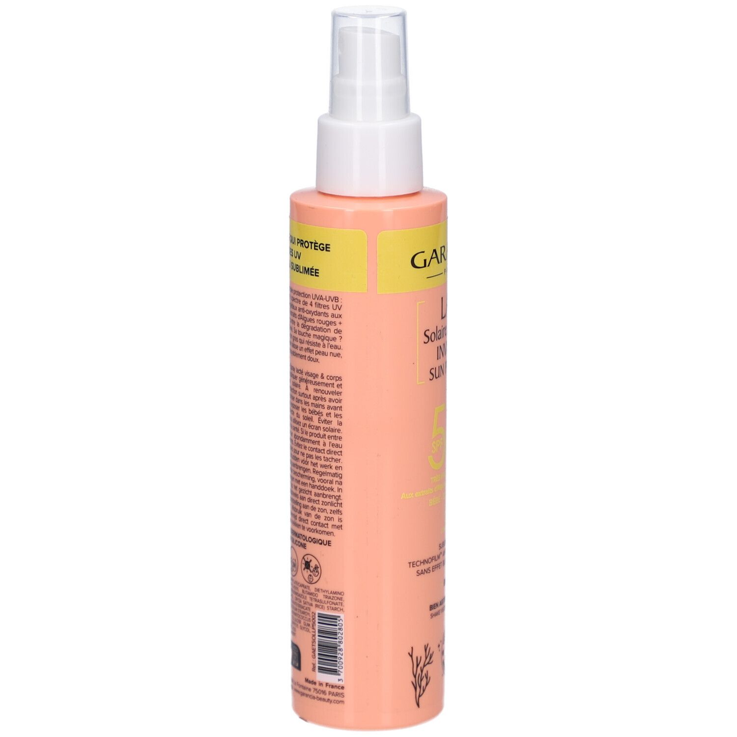 Dos d'un flacon de spray solaire. Texte et logos sur fond rose. Contient des informations sur le produit.