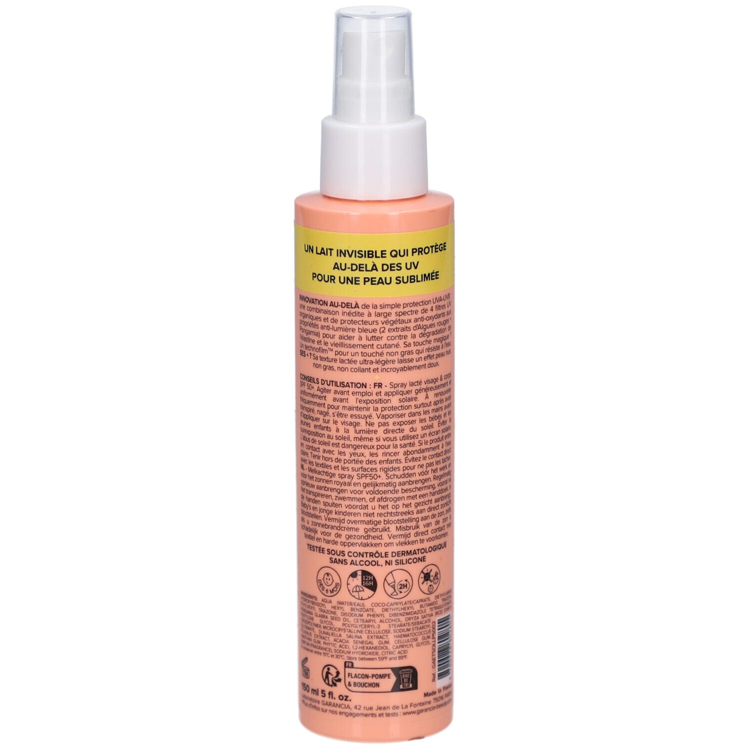 Dos du flacon de spray solaire. Texte sur fond rose. Contient des informations sur l'utilisation.