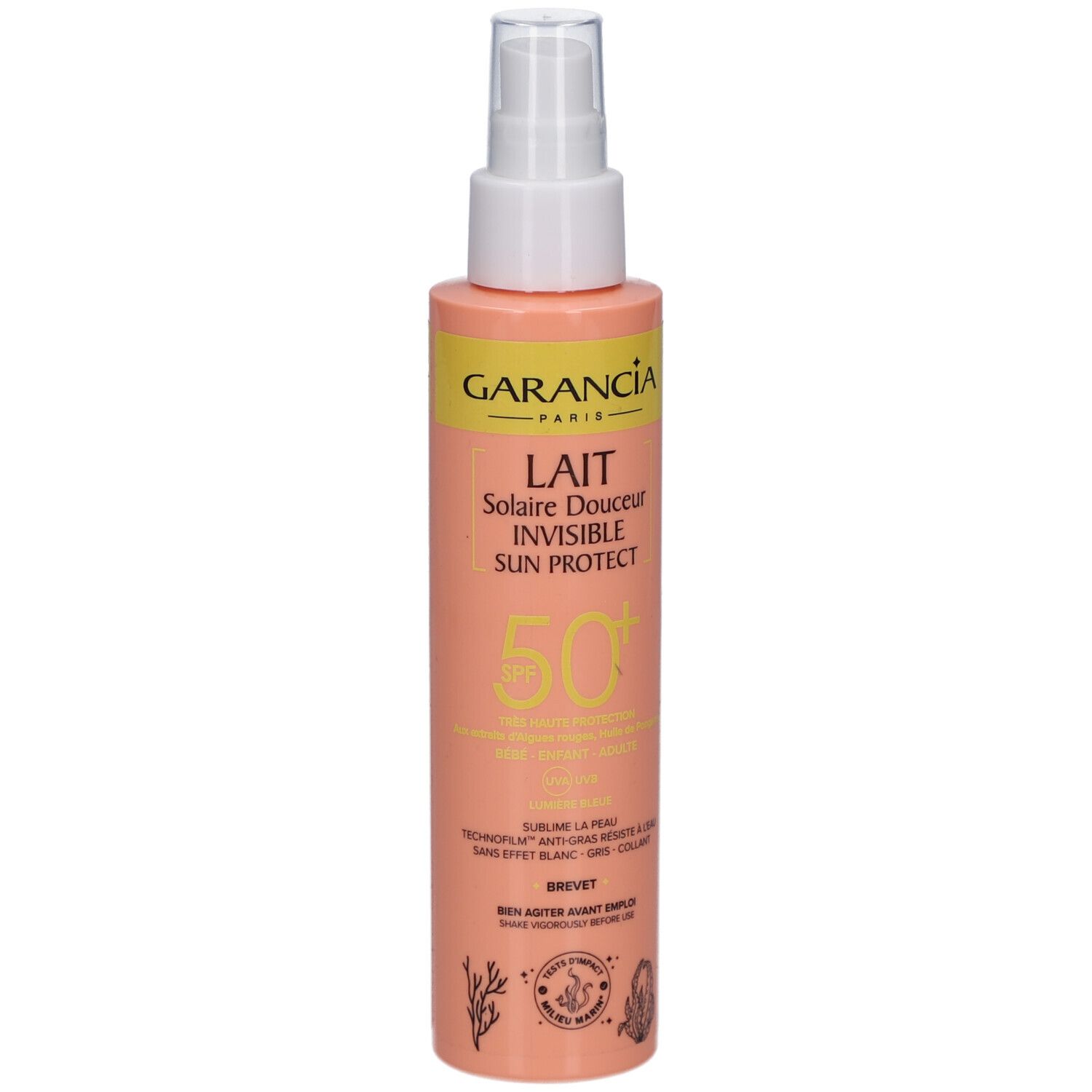 Spray solaire avec tête de pulvérisation. Inscription: GARANCIA, Lait Solaire Douceur Invisible Sun Protect, SPF 50.