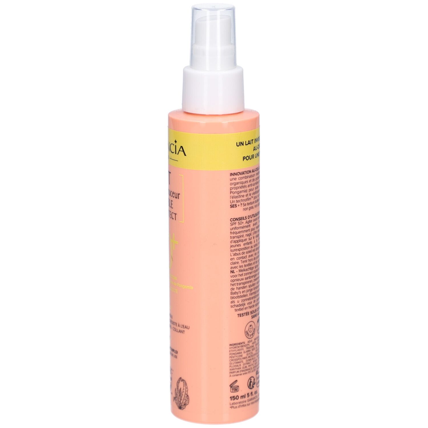 Dos du flacon de spray solaire. Texte sur fond rose. Contient des informations sur le produit et le volume.