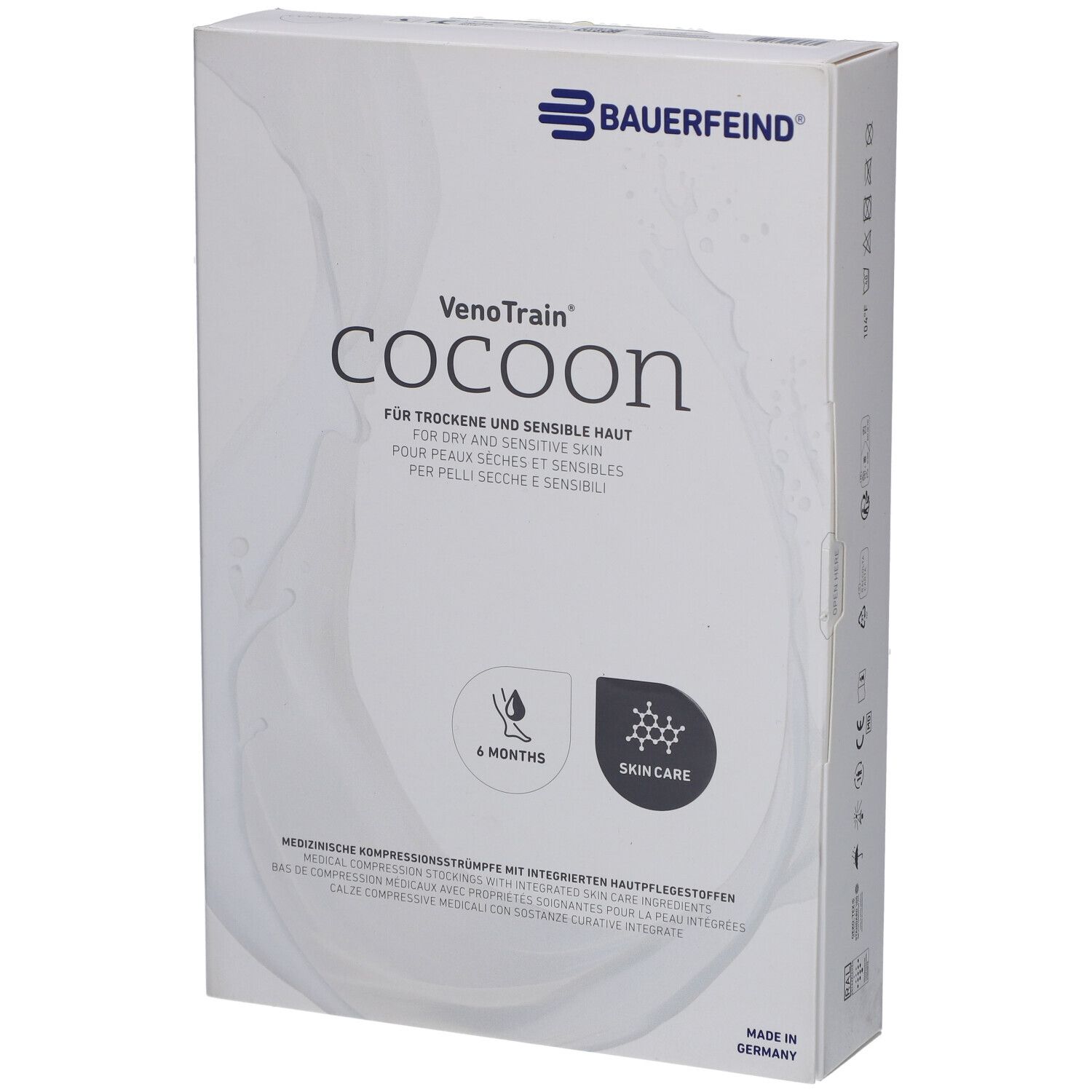 Verpackung von VenoTrain cocoon. Marke Bauerfeind. Für trockene und sensible Haut. Enthält medizinische Kompressionsstrümpfe.