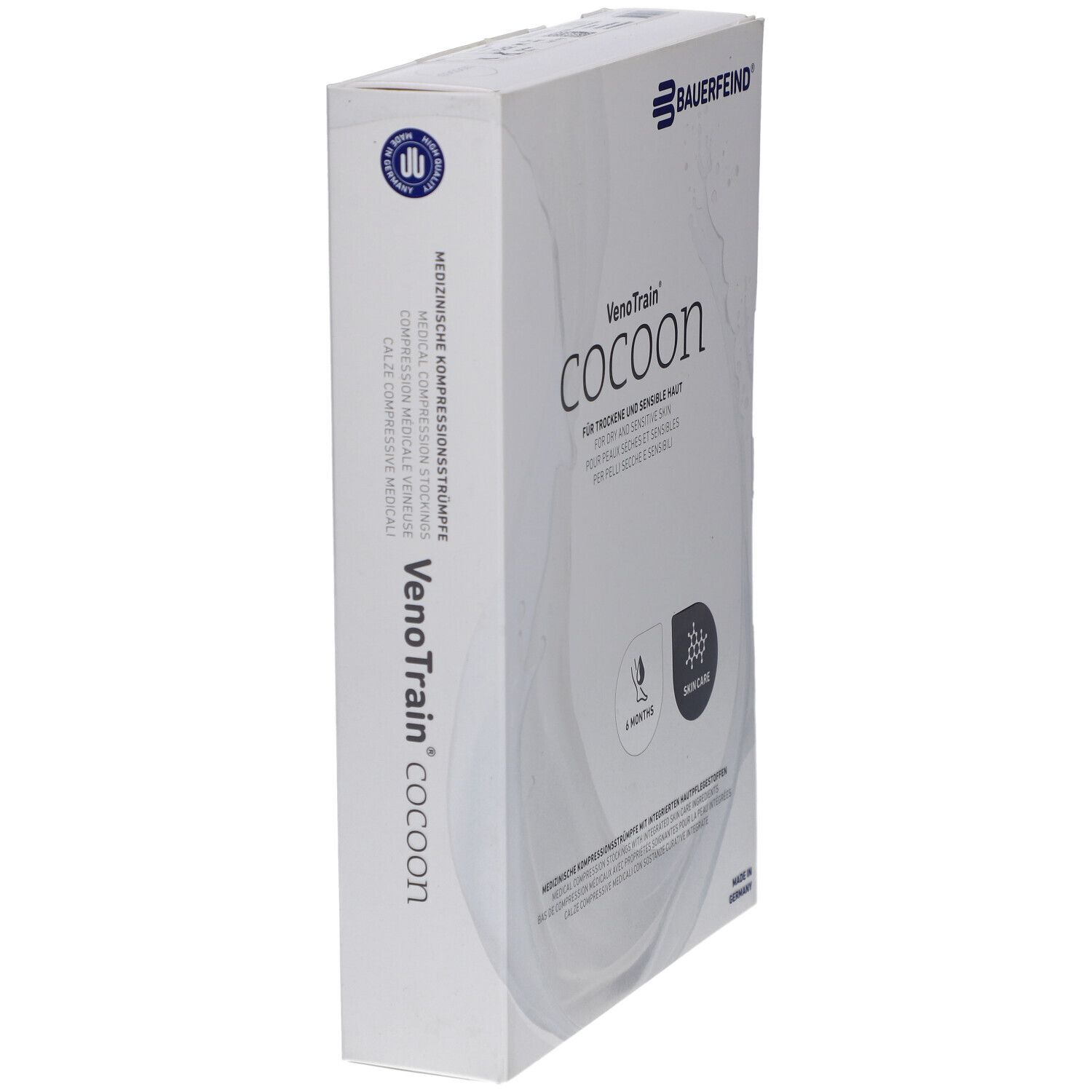 Verpackung von VenoTrain cocoon. Marke Bauerfeind. Seitenansicht. Enthält medizinische Kompressionsstrümpfe.