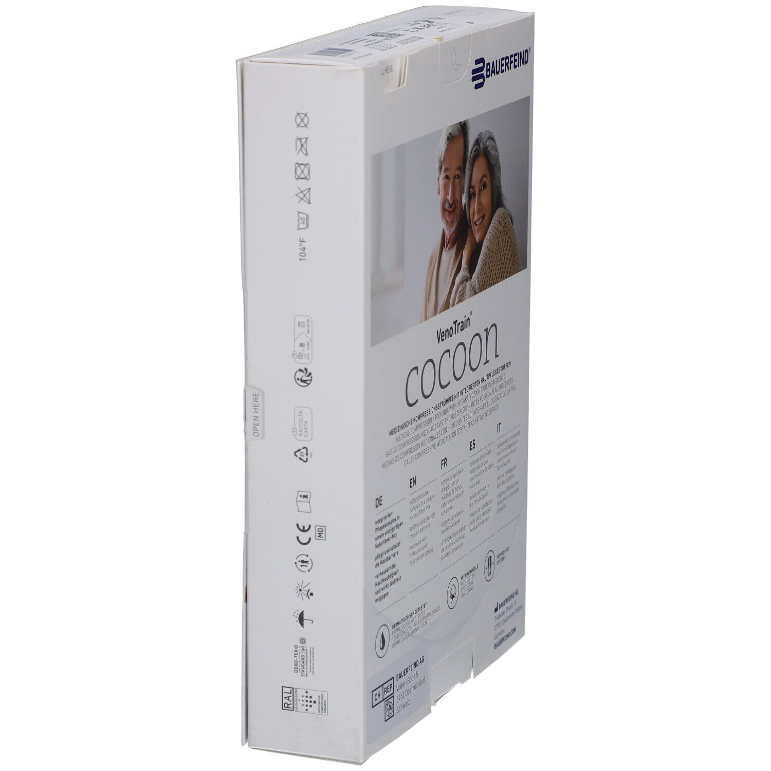 Seitenansicht der Verpackung von VenoTrain cocoon. Marke Bauerfeind. Produktinformationen und Symbole.