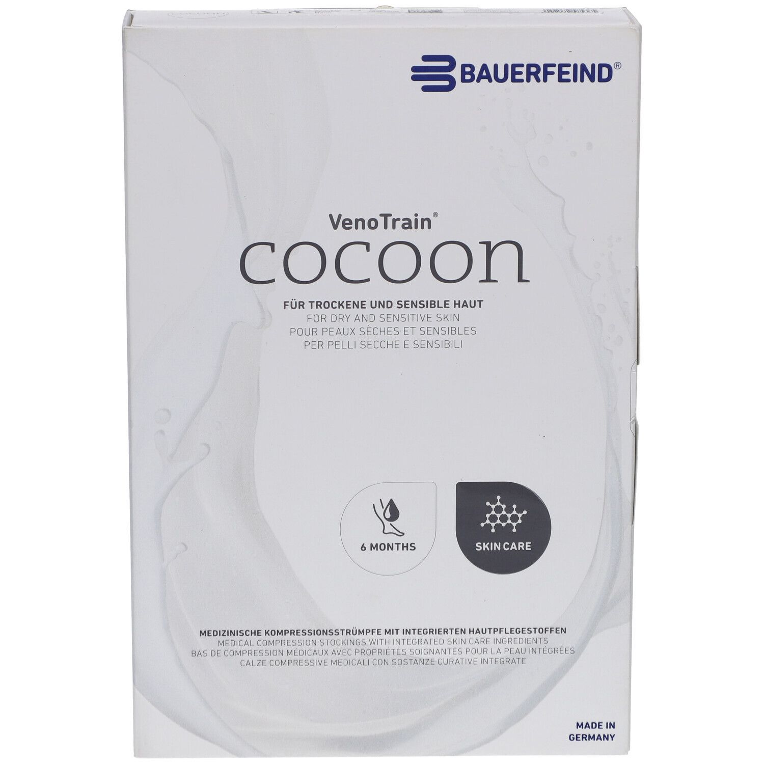 Verpackung von VenoTrain cocoon. Marke Bauerfeind. Für trockene und sensible Haut. Enthält medizinische Kompressionsstrümpfe.