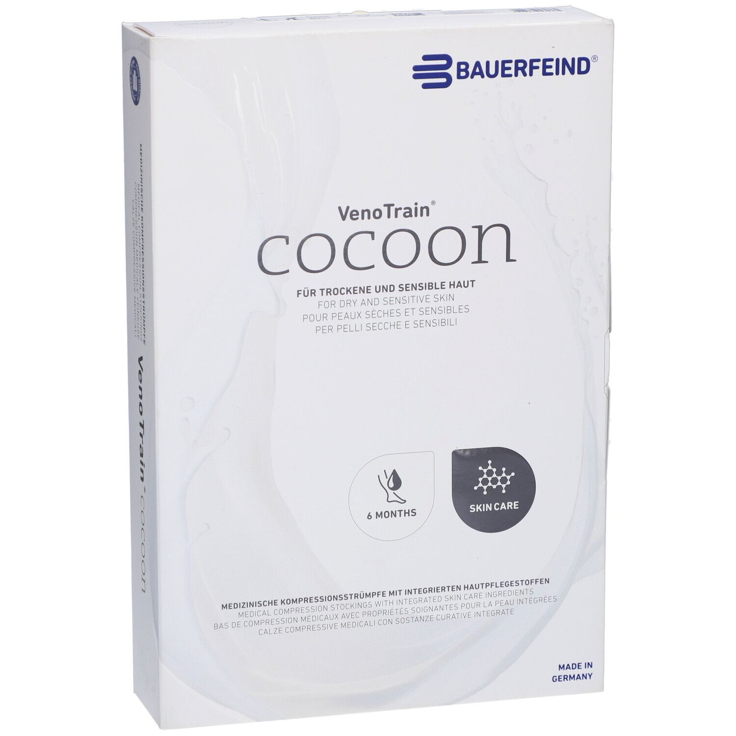 Verpackung von VenoTrain cocoon. Marke Bauerfeind. Für trockene und sensible Haut. Enthält medizinische Kompressionsstrümpfe.
