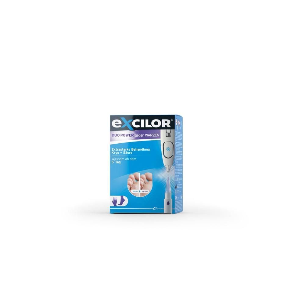 Verpackung von Excilor Duo Power gegen Warzen mit Applikator und Abbildung eines Fußes.