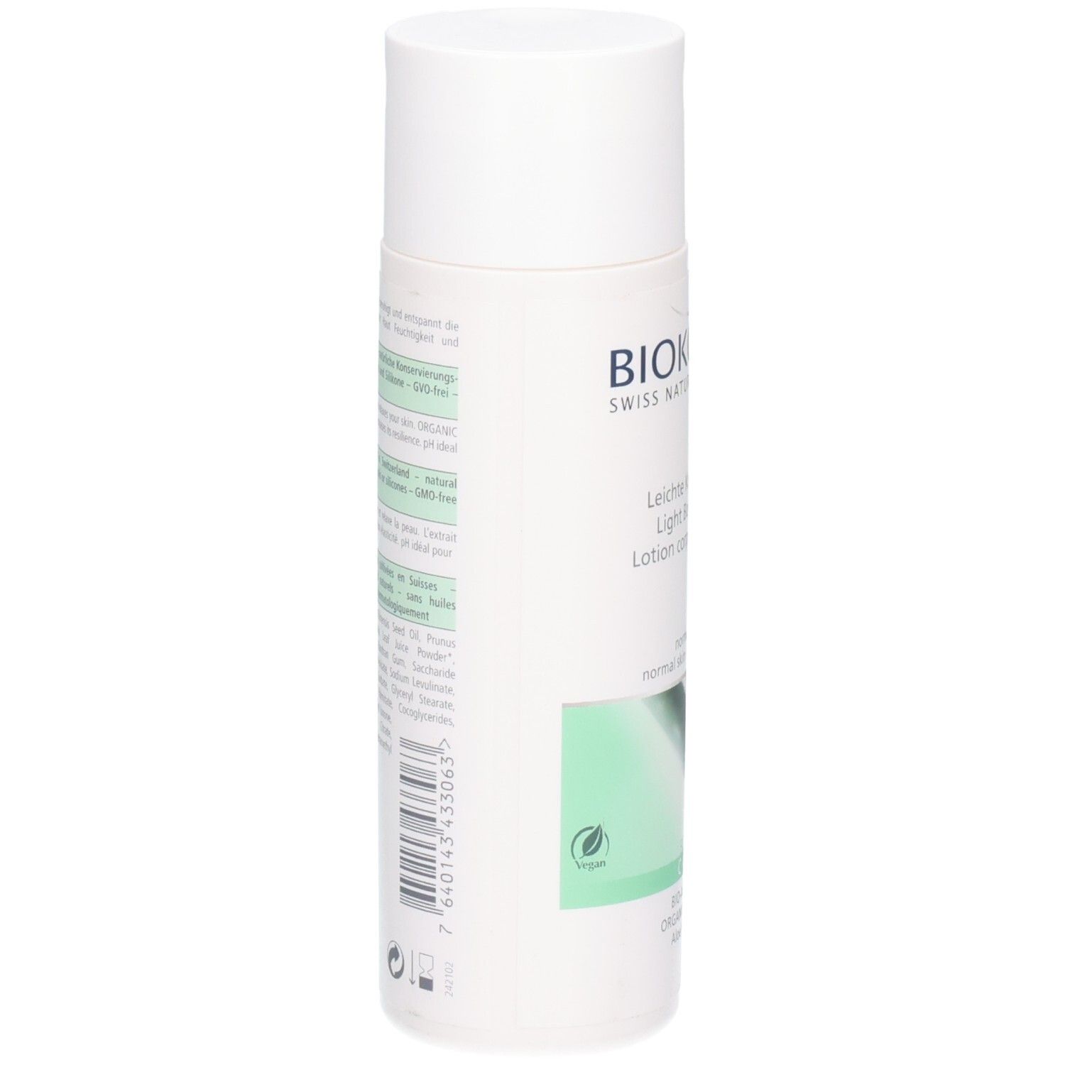 Arrière du flacon de lotion corporelle Biokosma avec ingrédients et certifications.