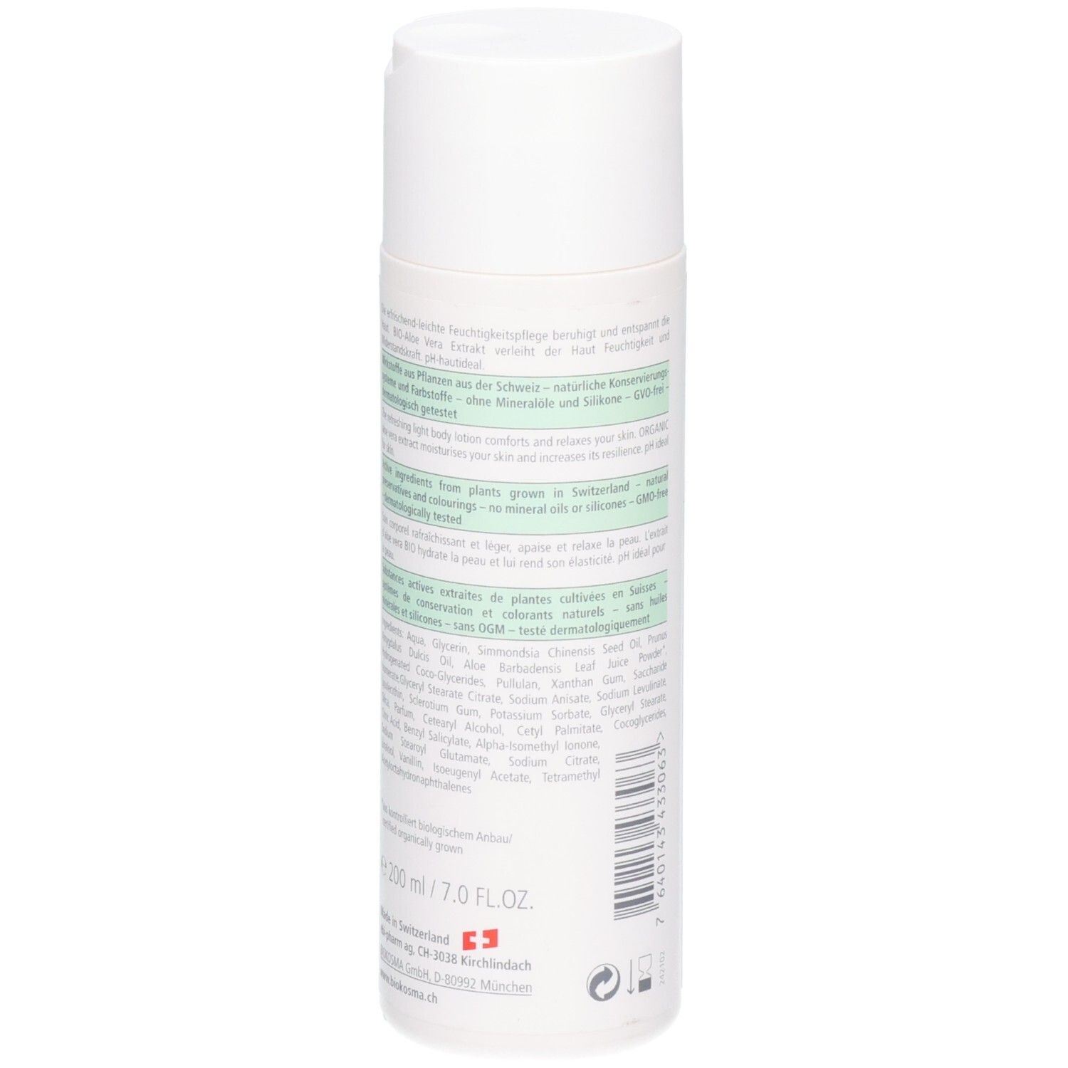 Arrière du flacon de lotion corporelle Biokosma avec liste détaillée des ingrédients.