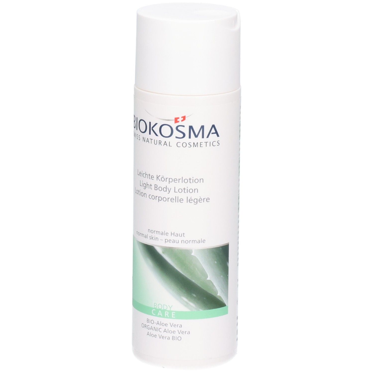Lotion corporelle légère Biokosma à l'Aloe Vera, avant du flacon.