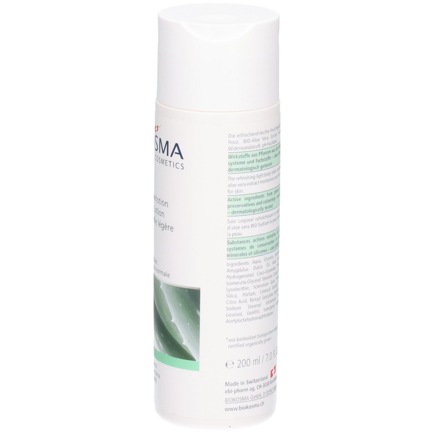 Flacon de lotion corporelle Biokosma, arrière avec informations produit et volume.