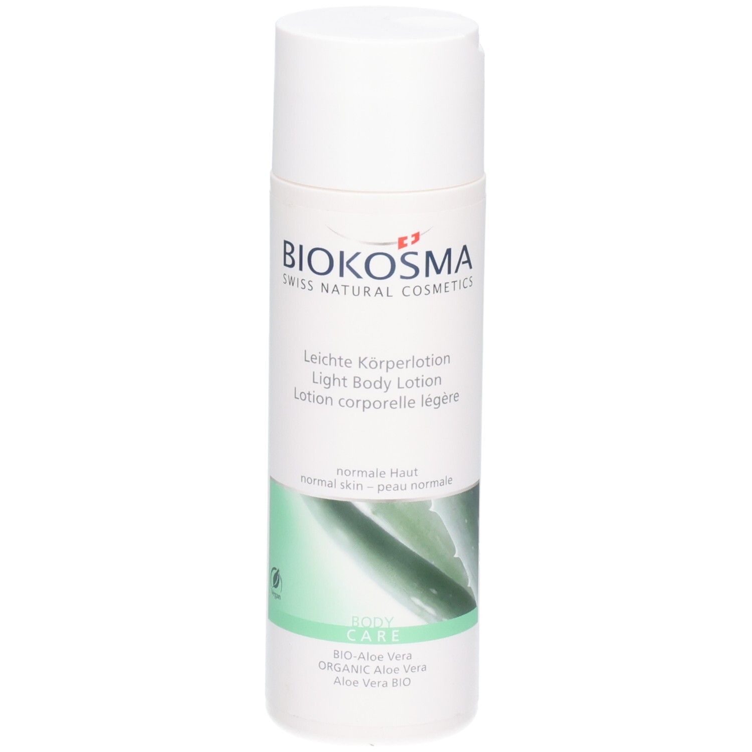 Lotion corporelle légère Biokosma à l'Aloe Vera, avant du flacon, vue détaillée.