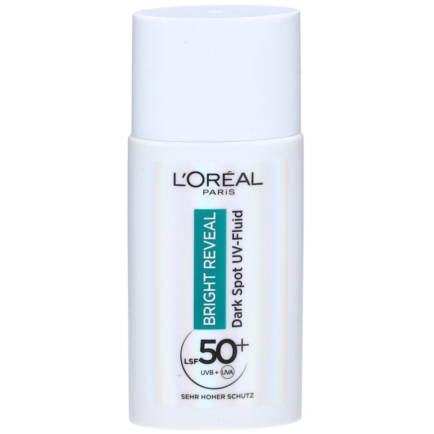Weißer Flakon mit Deckel. L'Oréal Bright Reveal Dark Spot UV-Fluid, LSF 50+.