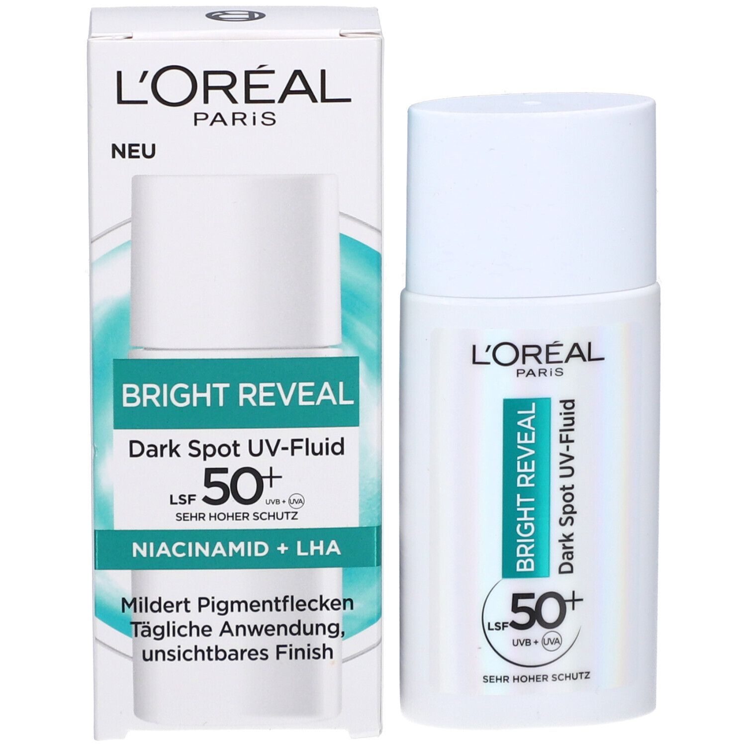 Produkt und Verpackung. L'Oréal Bright Reveal Dark Spot UV-Fluid, LSF 50+, Niacinamid + LHA.