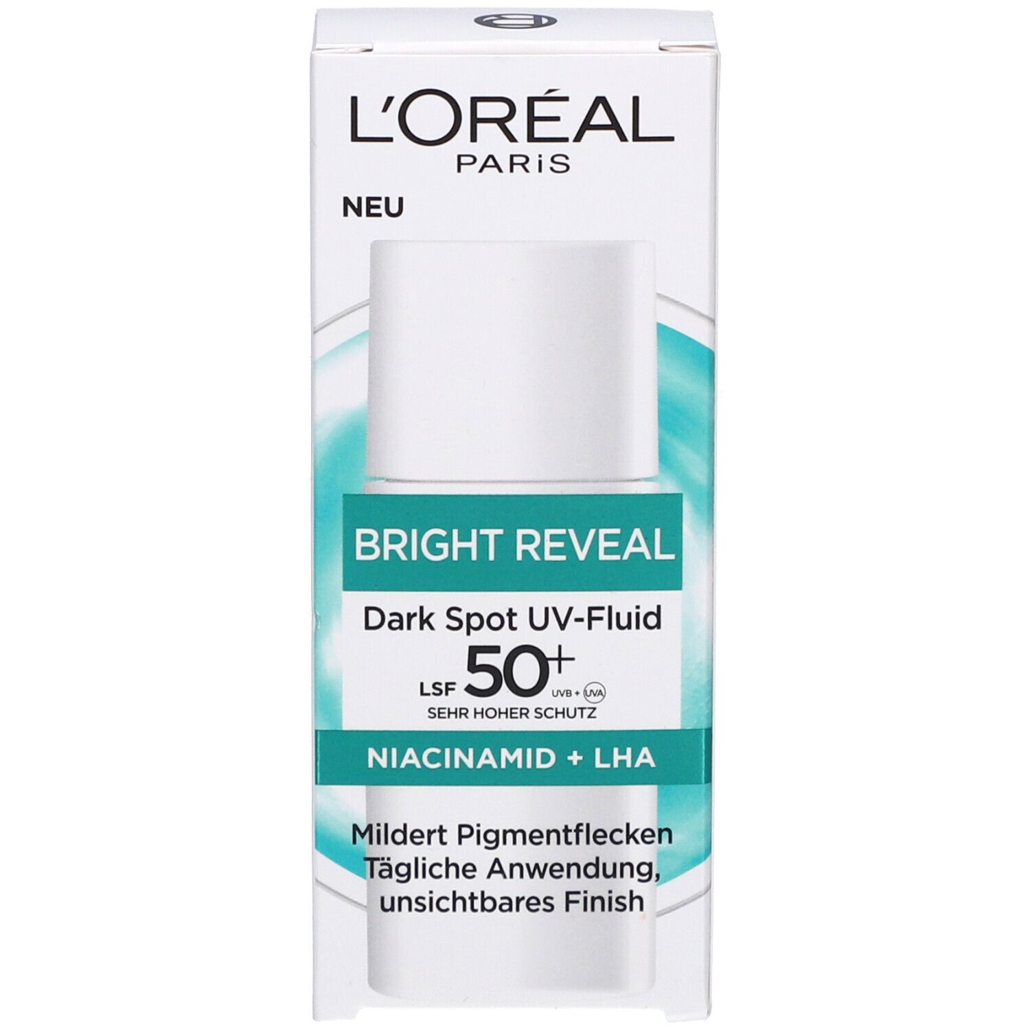 Verpackung. L'Oréal Bright Reveal Dark Spot UV-Fluid, LSF 50+, Niacinamid + LHA. Mildert Pigmentflecken.