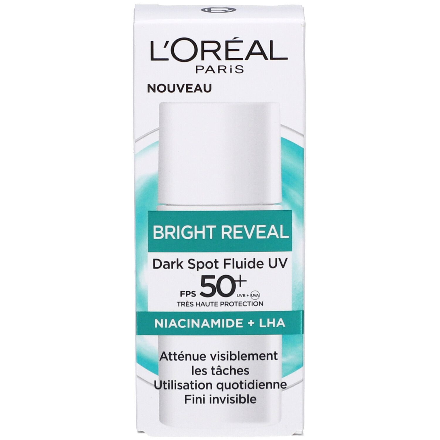 Produkt und Verpackung. L'Oréal Bright Reveal Dark Spot Fluide UV, FPS 50+, Niacinamid + LHA.