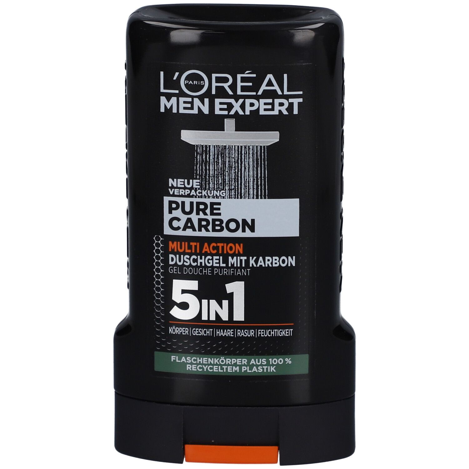 Flacon noir L'Oréal Men Expert 5-en-1. Texte: Pure Carbon, Multi Action, 5en1. Corps du flacon en plastique 100% recyclé.