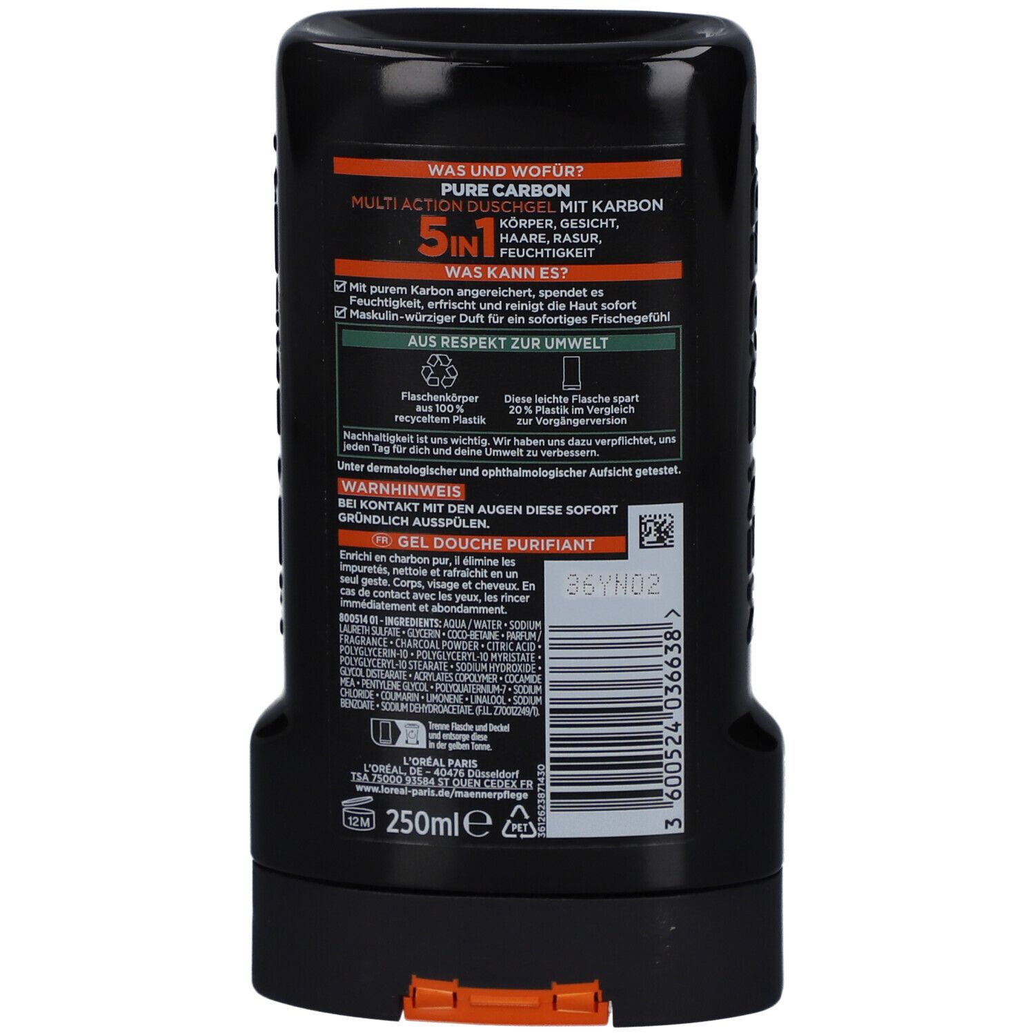 Dos du flacon noir L'Oréal Men Expert 5-en-1. Texte: Pure Carbon, 5en1. Flacon 250ml. En plastique 100% recyclé.
