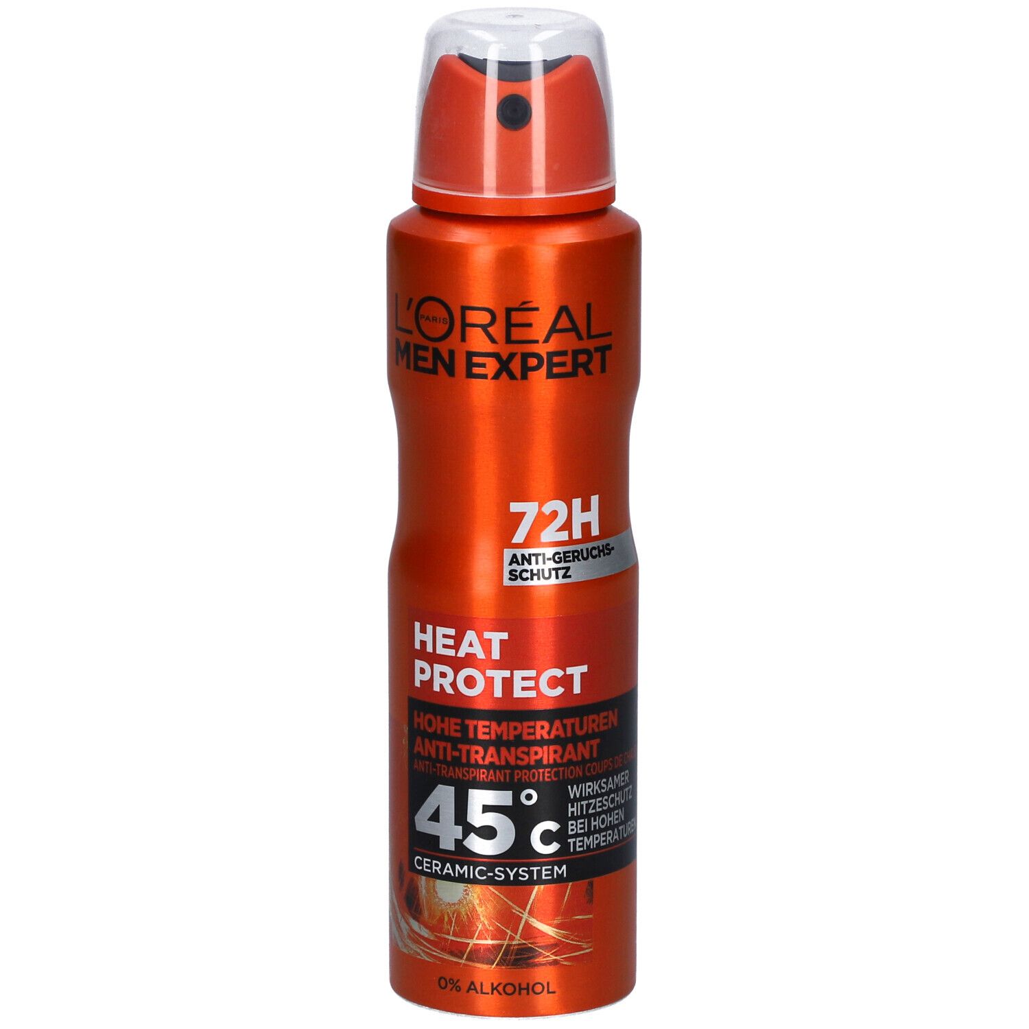 Orangefarbene Sprühdose mit L'Oréal Men Expert Logo. Text: Heat Protect, 45°C, 72h Anti-Geruchsschutz.