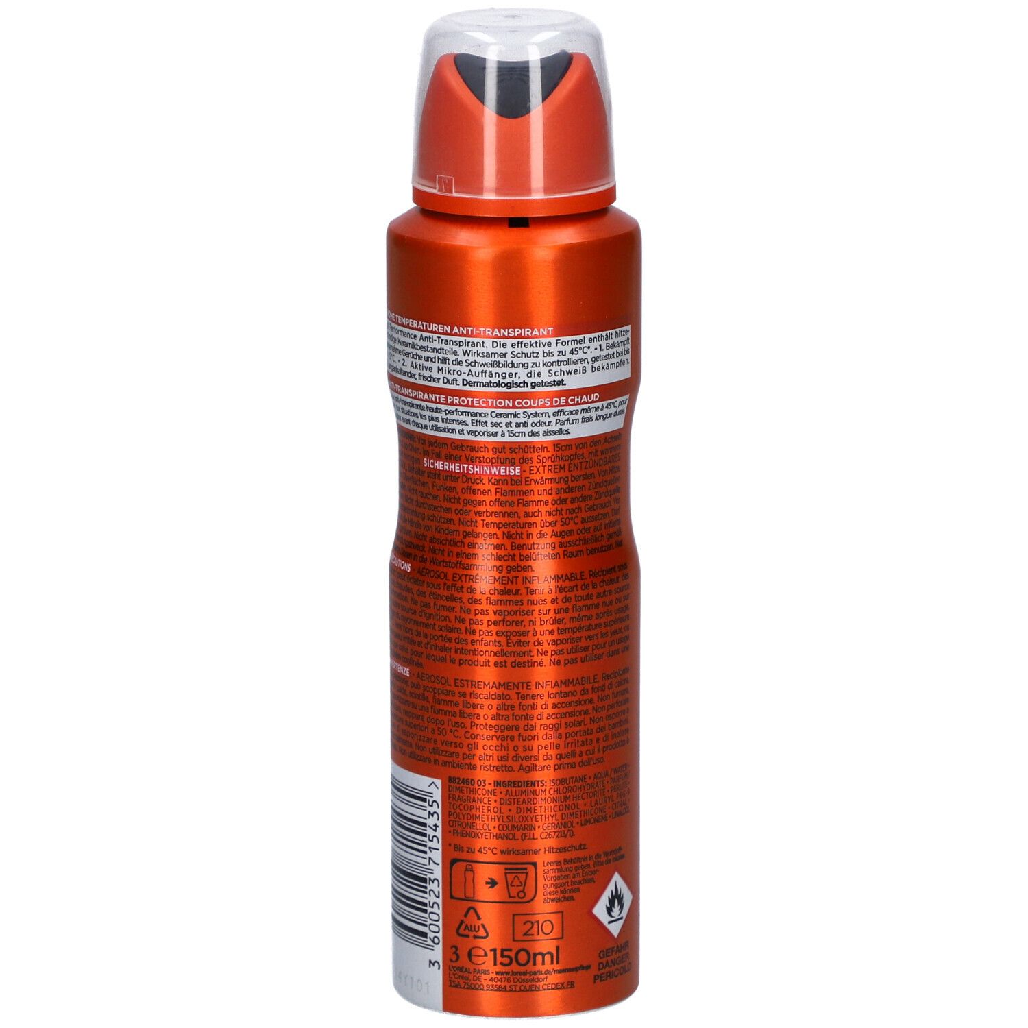 Rückseite der orangefarbenen Sprühdose. Text: Produktinformationen, Warnhinweise, 150ml, 3.6.